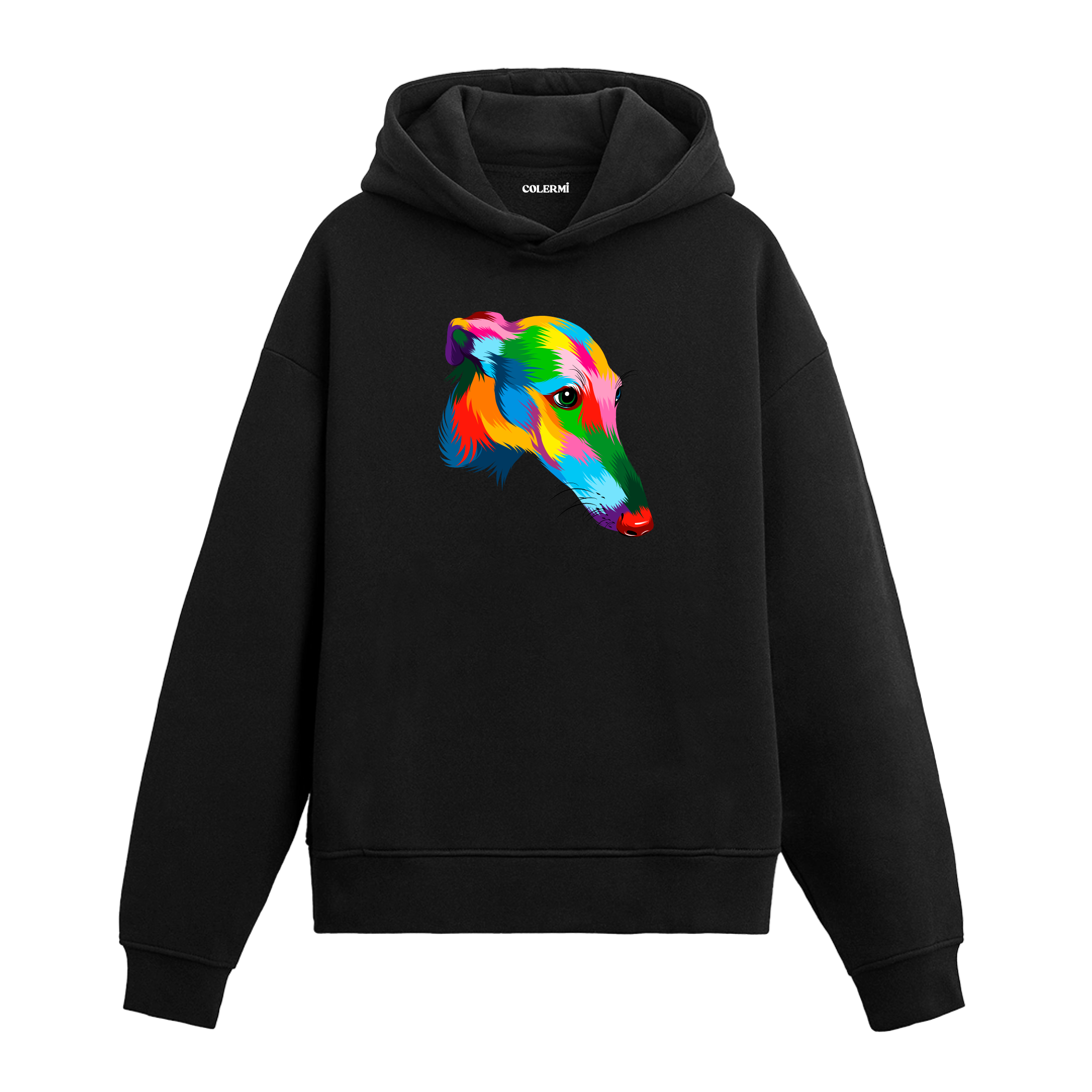 Renkli greyhound baskılı siyah hoodie
