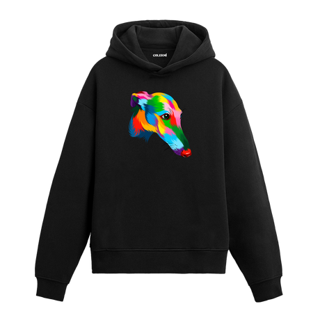 Renkli greyhound baskılı siyah hoodie