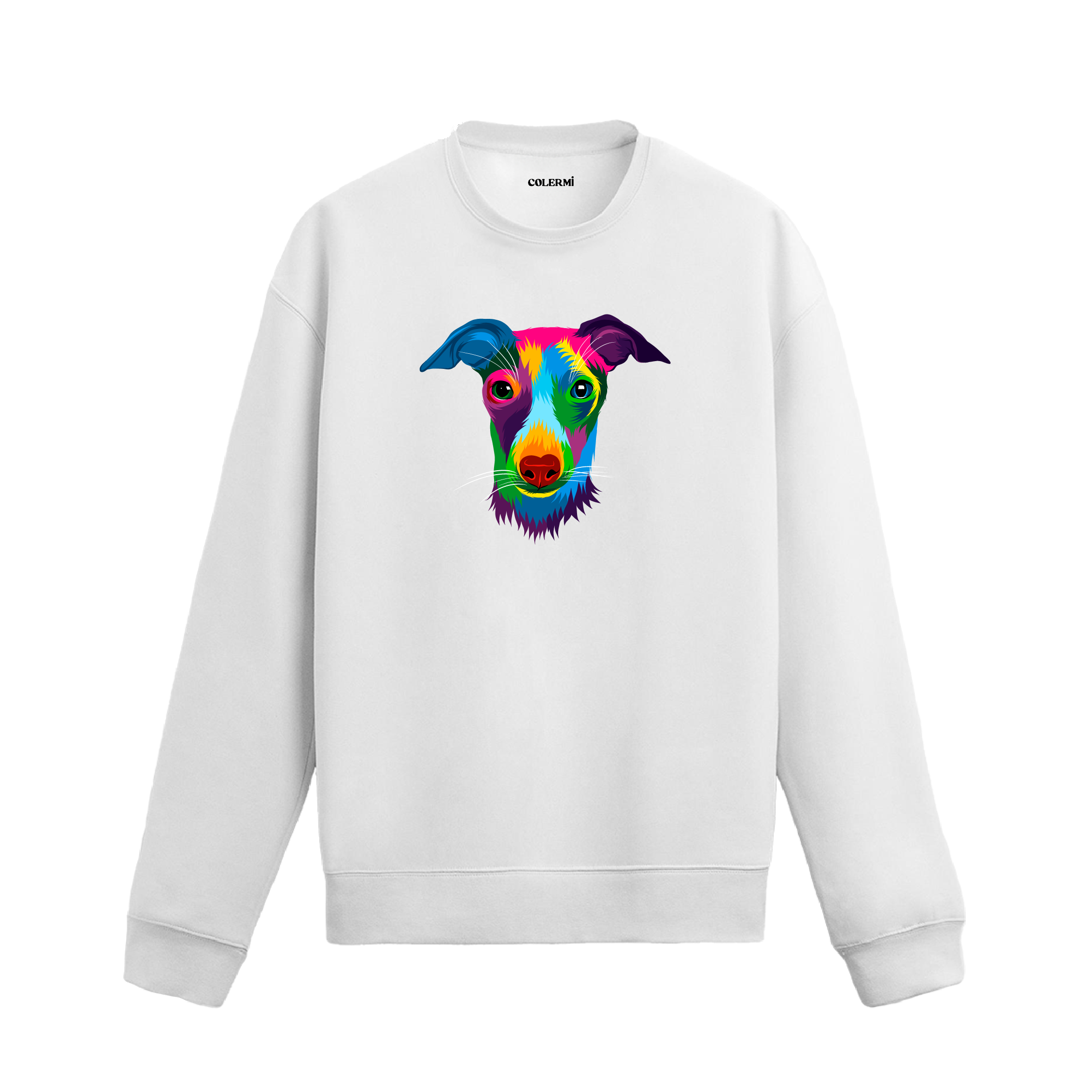 beyaz sweatshirt üzerinde renkli Greyhound köpeği baskısı