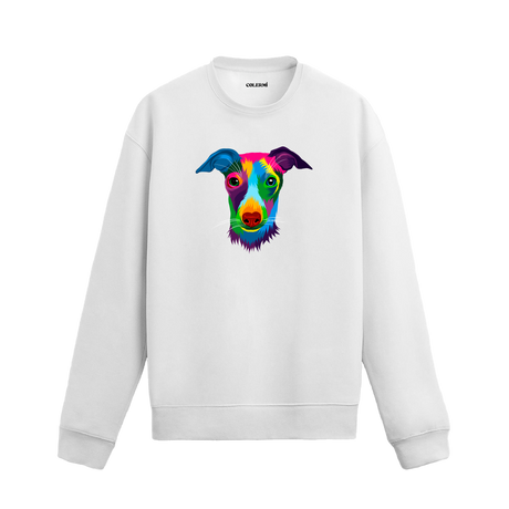 beyaz sweatshirt üzerinde renkli Greyhound köpeği baskısı
