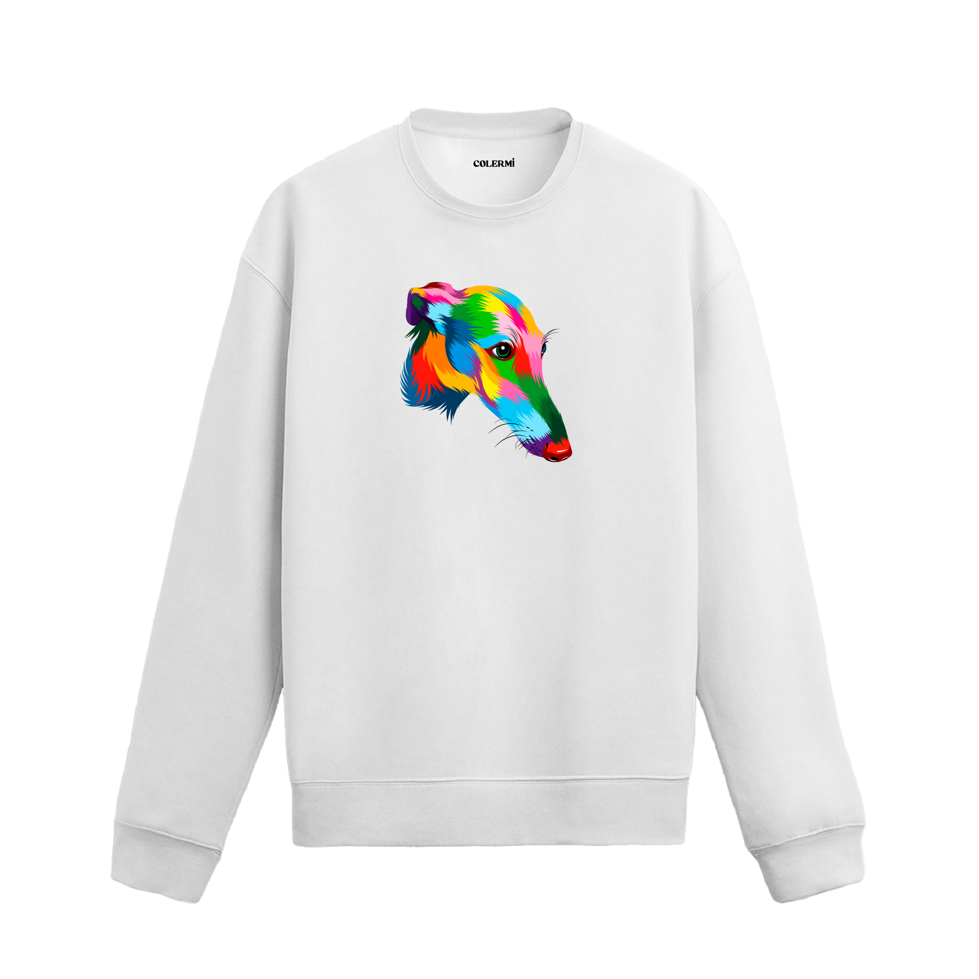 Siyah sweatshirt üzerinde renkli Greyhound köpeği baskısı