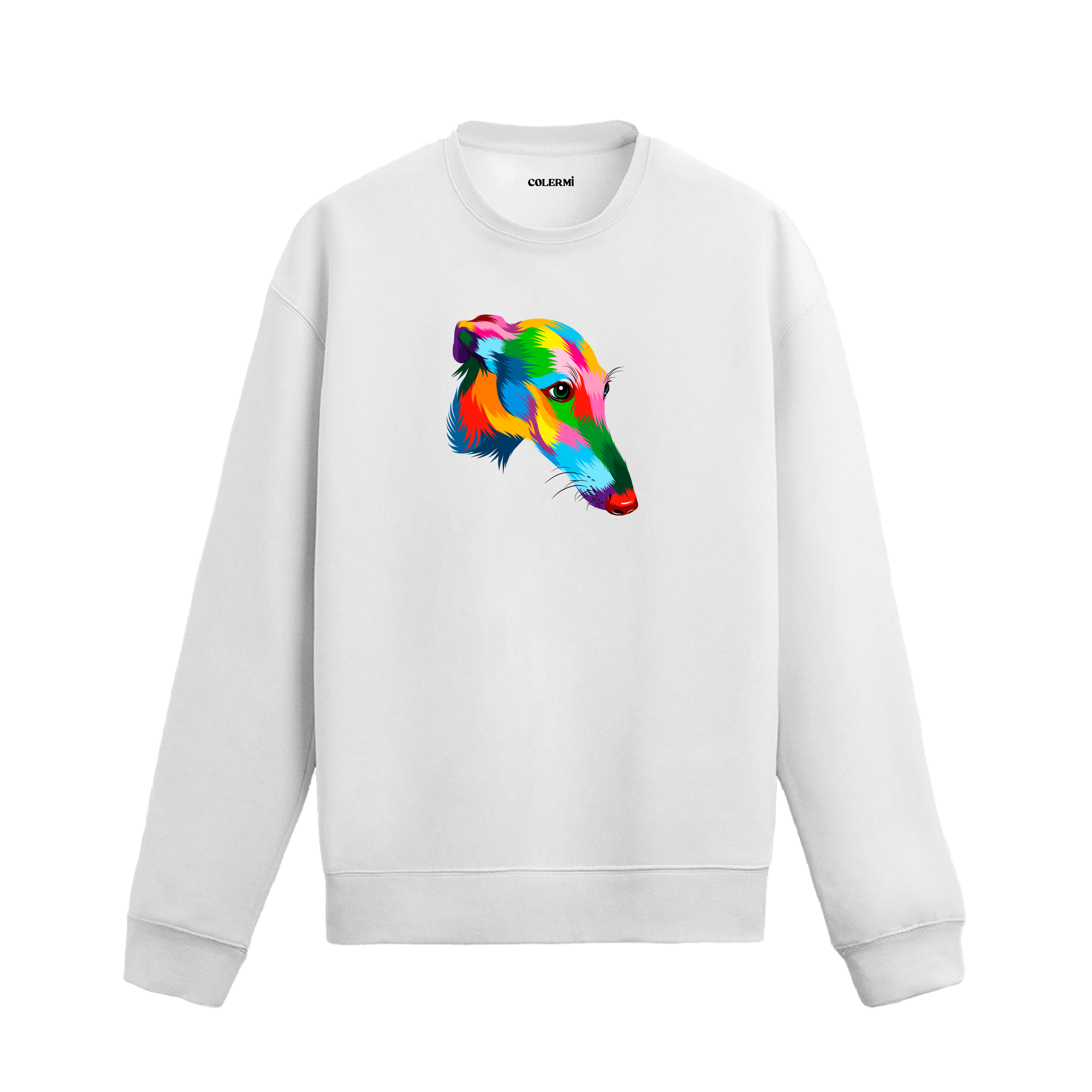 Siyah sweatshirt üzerinde renkli Greyhound köpeği baskısı