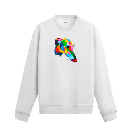 Siyah sweatshirt üzerinde renkli Greyhound köpeği baskısı
