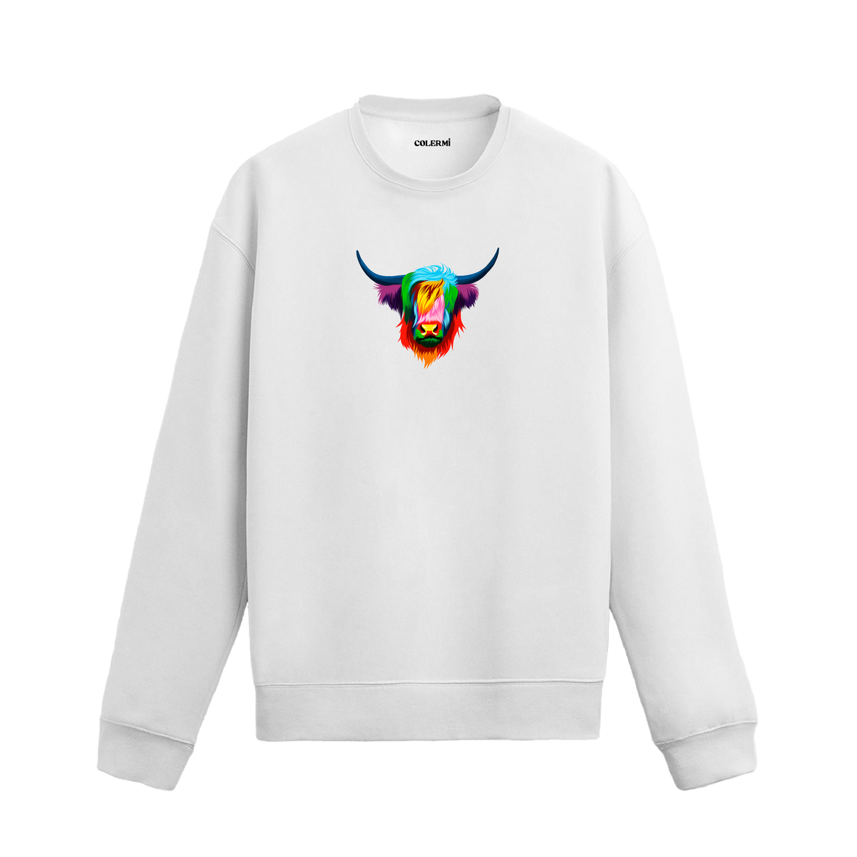 Renkli Highland Cow baskılı siyah sweatshirt – uzun tüylü İskoç ineği tasarımı