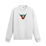 Renkli Highland Cow baskılı siyah sweatshirt – uzun tüylü İskoç ineği tasarımı