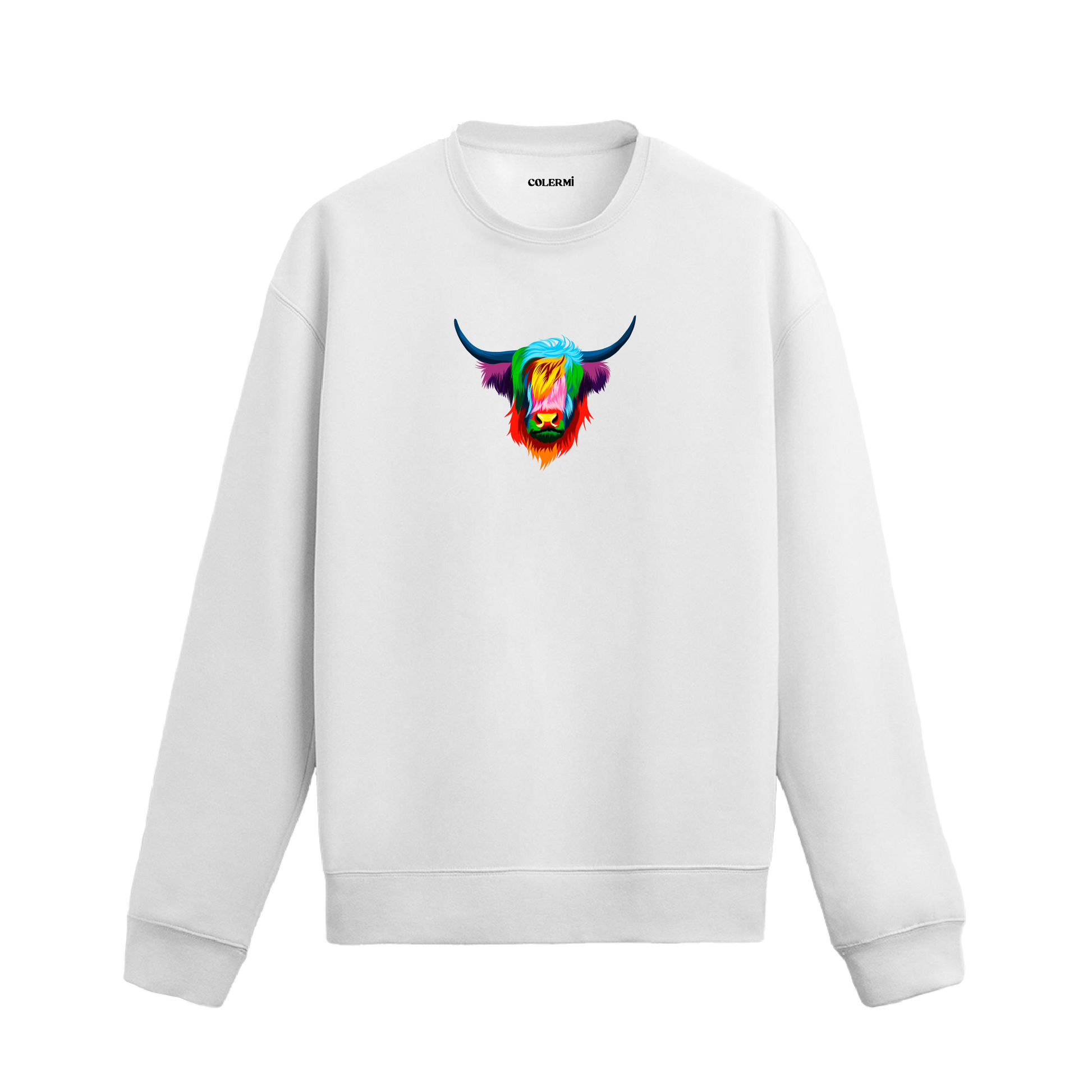 Renkli Highland Cow baskılı siyah sweatshirt – uzun tüylü İskoç ineği tasarımı