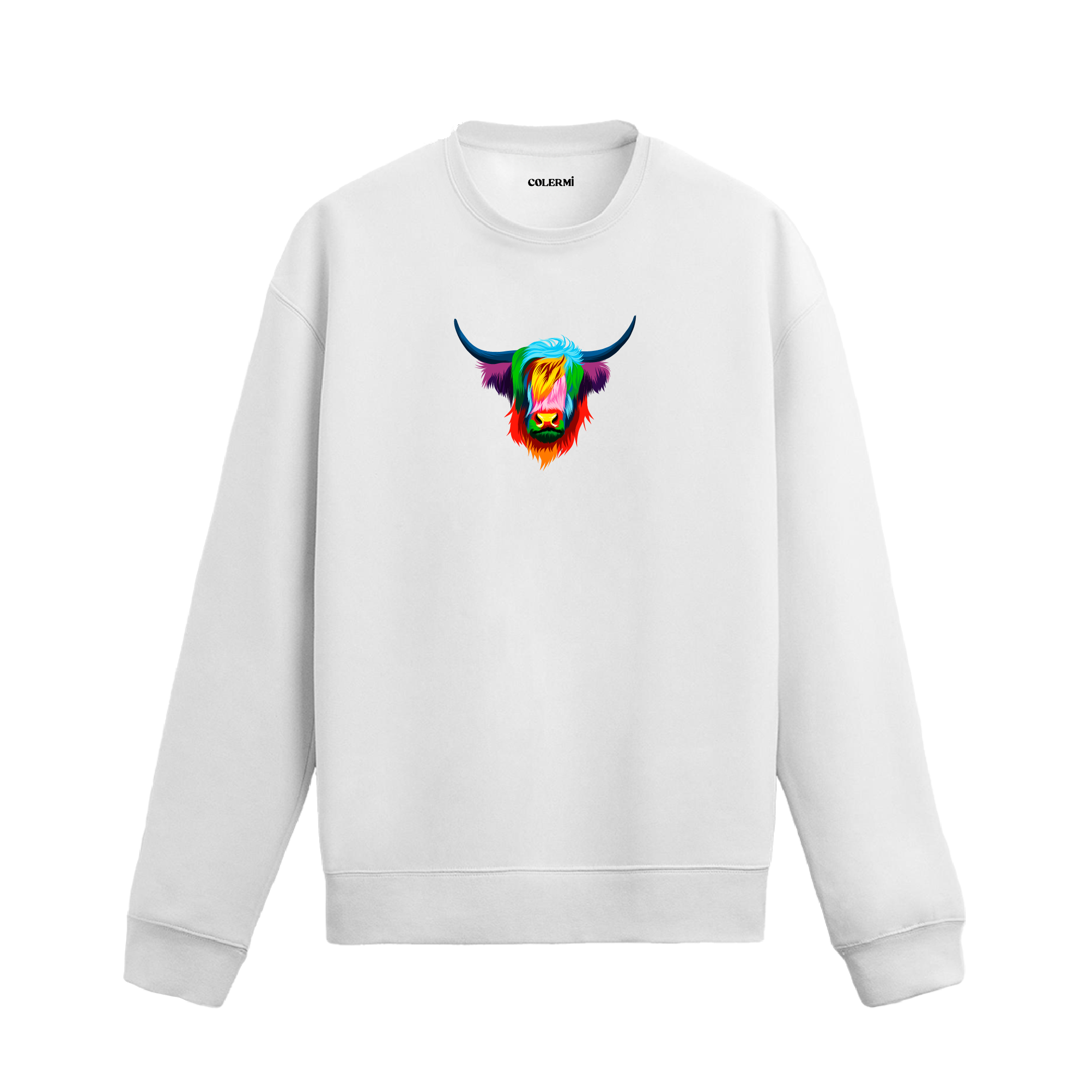 Renkli Highland Cow baskılı siyah sweatshirt – uzun tüylü İskoç ineği tasarımı