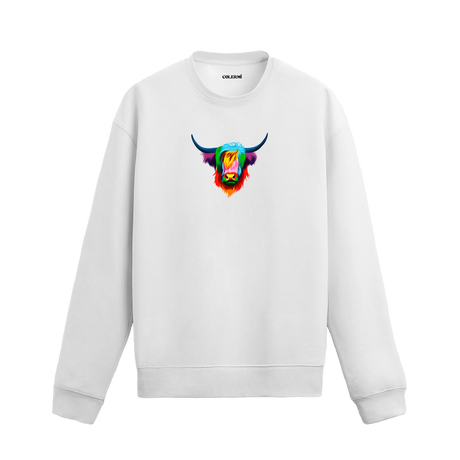 Renkli Highland Cow baskılı siyah sweatshirt – uzun tüylü İskoç ineği tasarımı