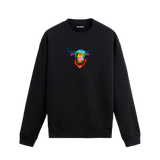 Renkli Highland Cow baskılı siyah sweatshirt – uzun tüylü İskoç ineği tasarımı