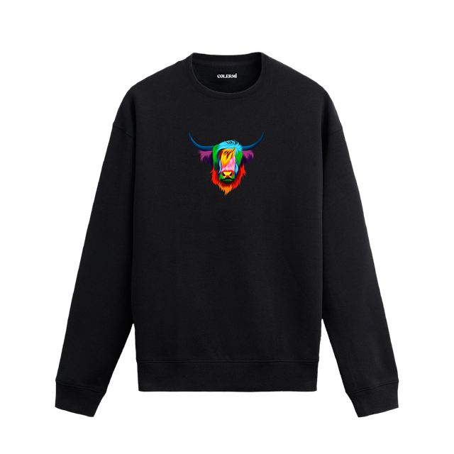 Renkli Highland Cow baskılı siyah sweatshirt – uzun tüylü İskoç ineği tasarımı