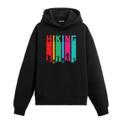 Siyah hoodie üzerinde renkli hiking ve yürüyüş figürleri tasarımı