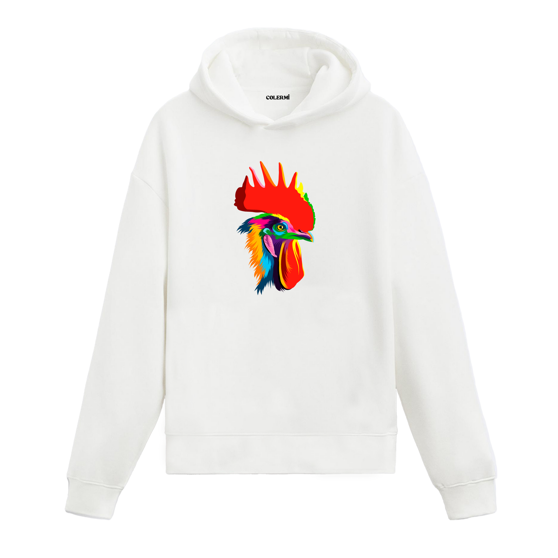 Canlı renkli horoz baskılı beyaz hoodie.