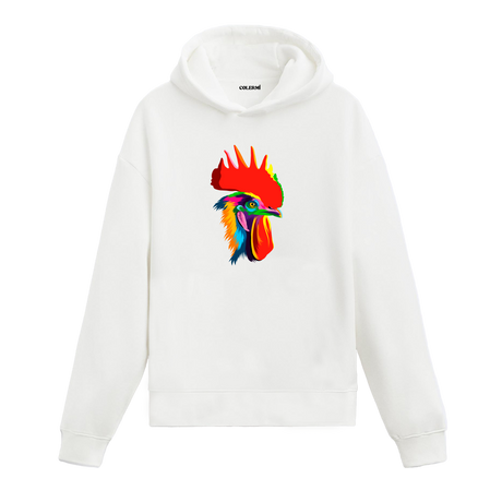 Canlı renkli horoz baskılı beyaz hoodie.