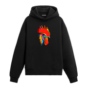 Canlı renkli horoz baskılı siyah hoodie.