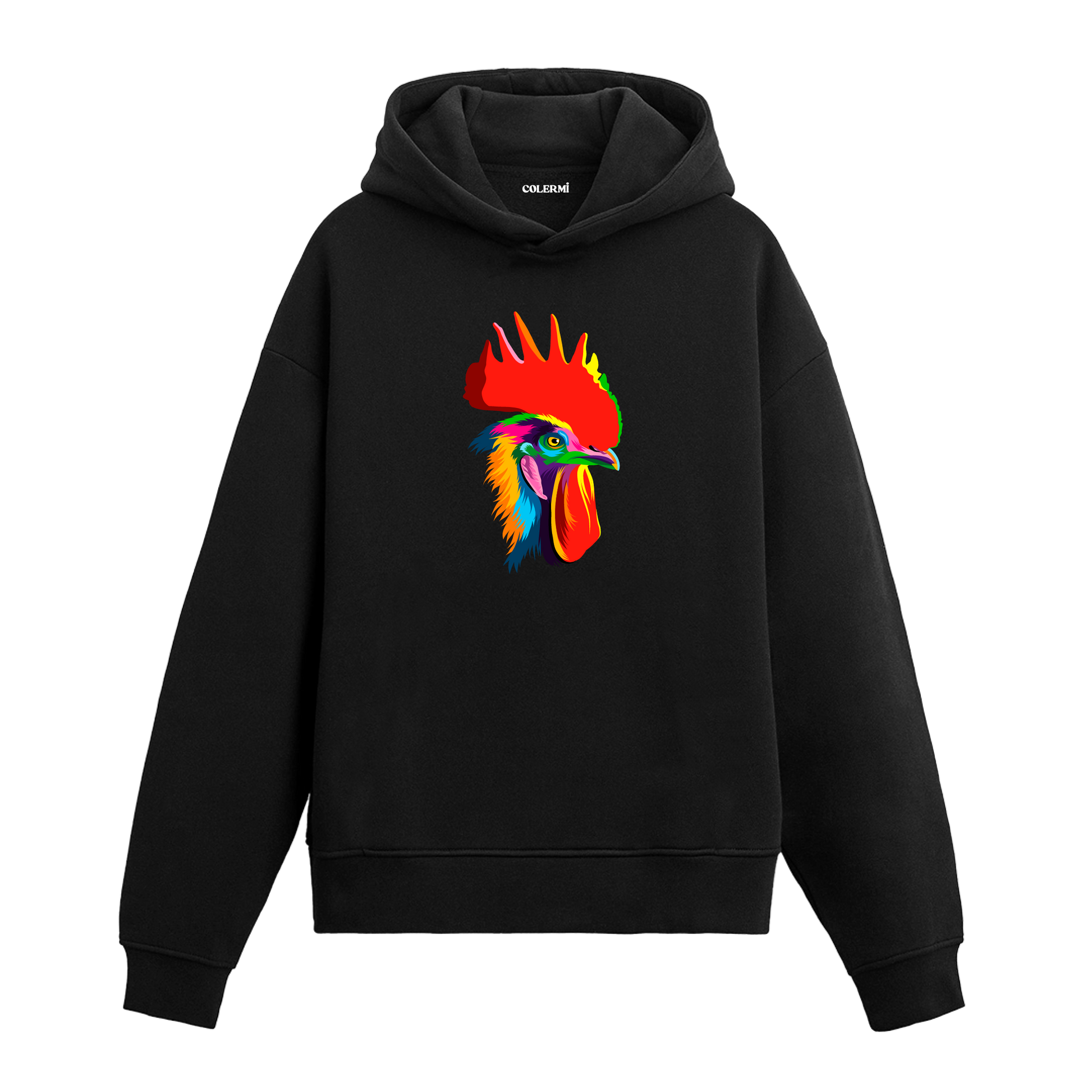 Canlı renkli horoz baskılı siyah hoodie.