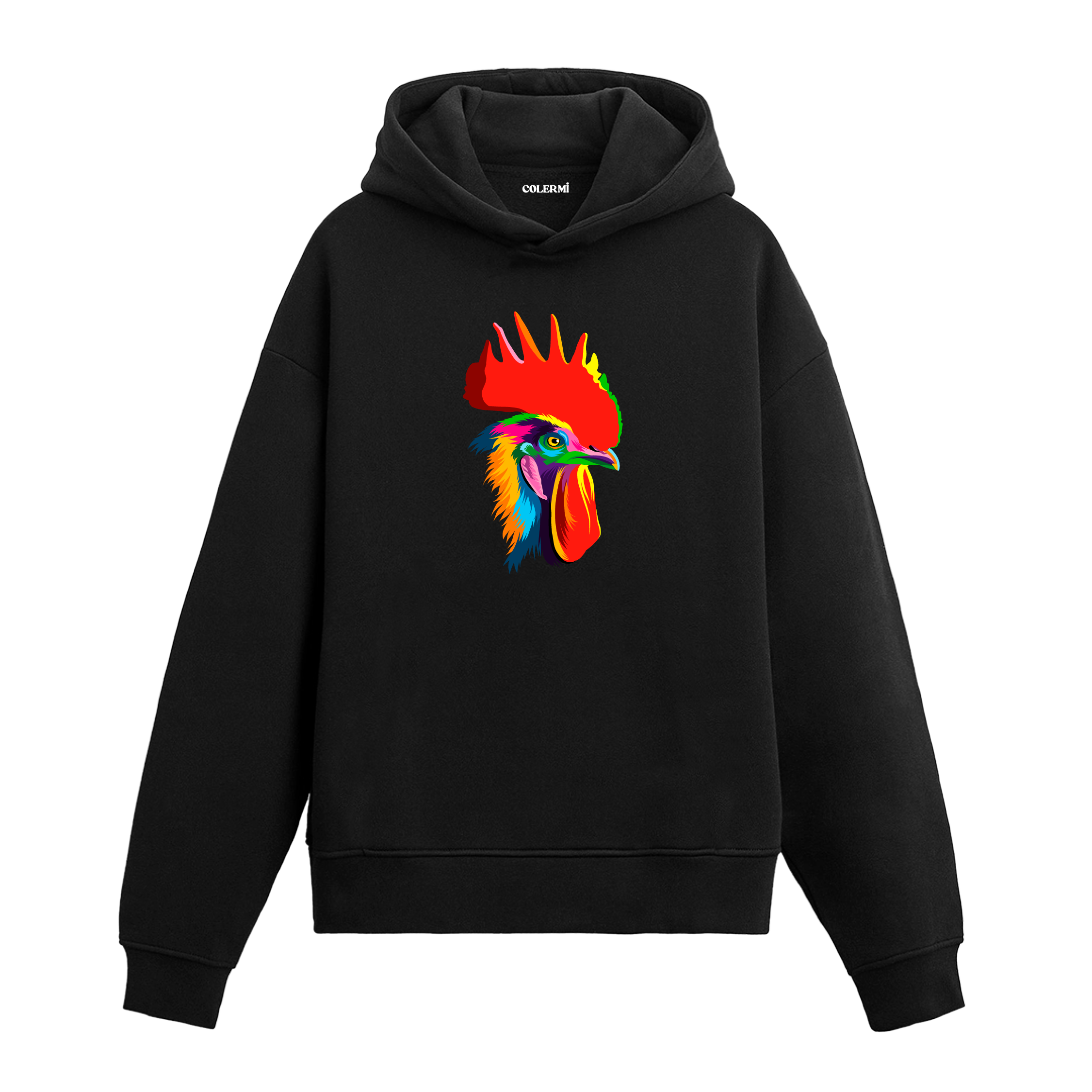 Canlı renkli horoz baskılı siyah hoodie.