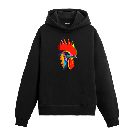 Canlı renkli horoz baskılı siyah hoodie.