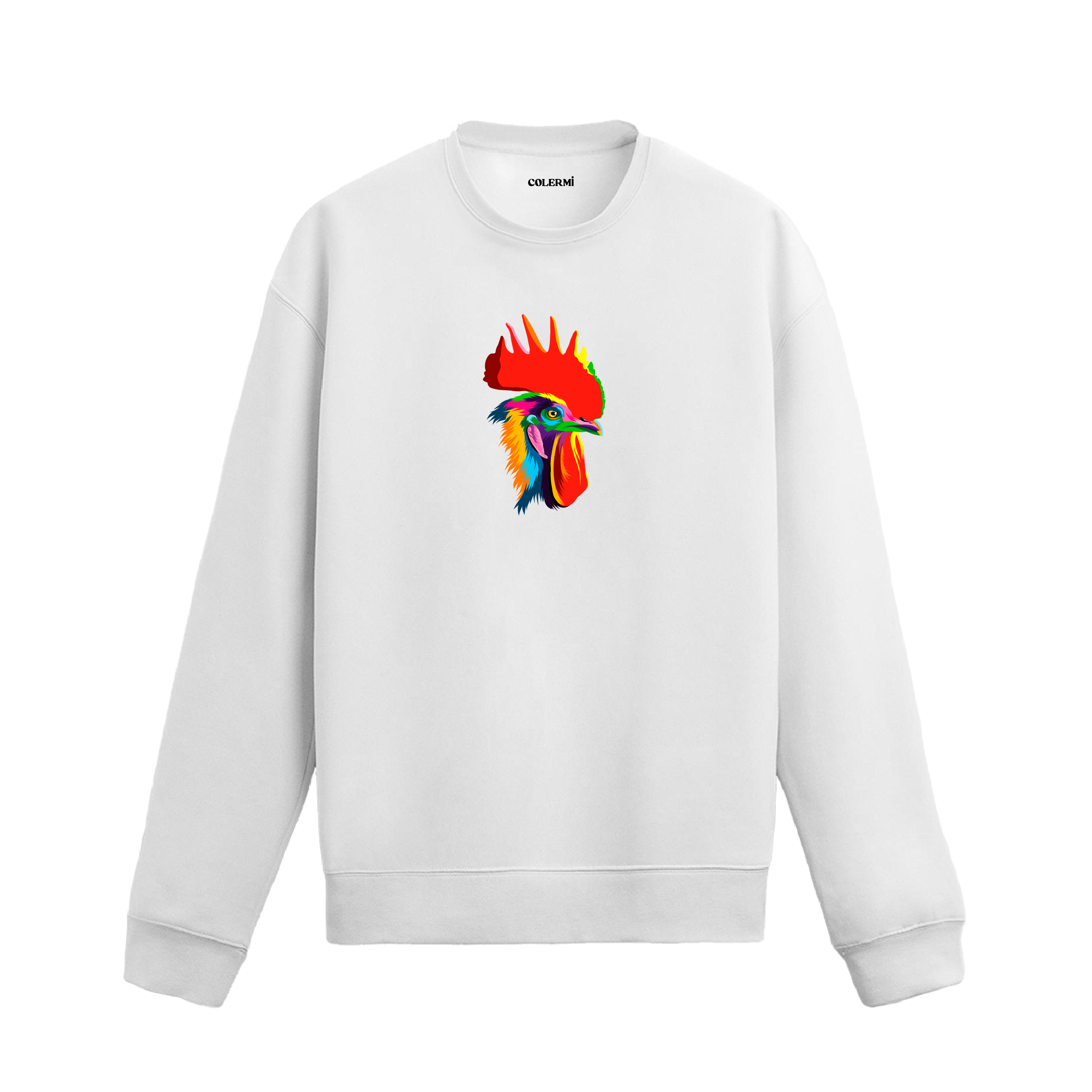 Siyah sweatshirt üzerinde sanatsal ve renkli horoz baskı tasarımı.