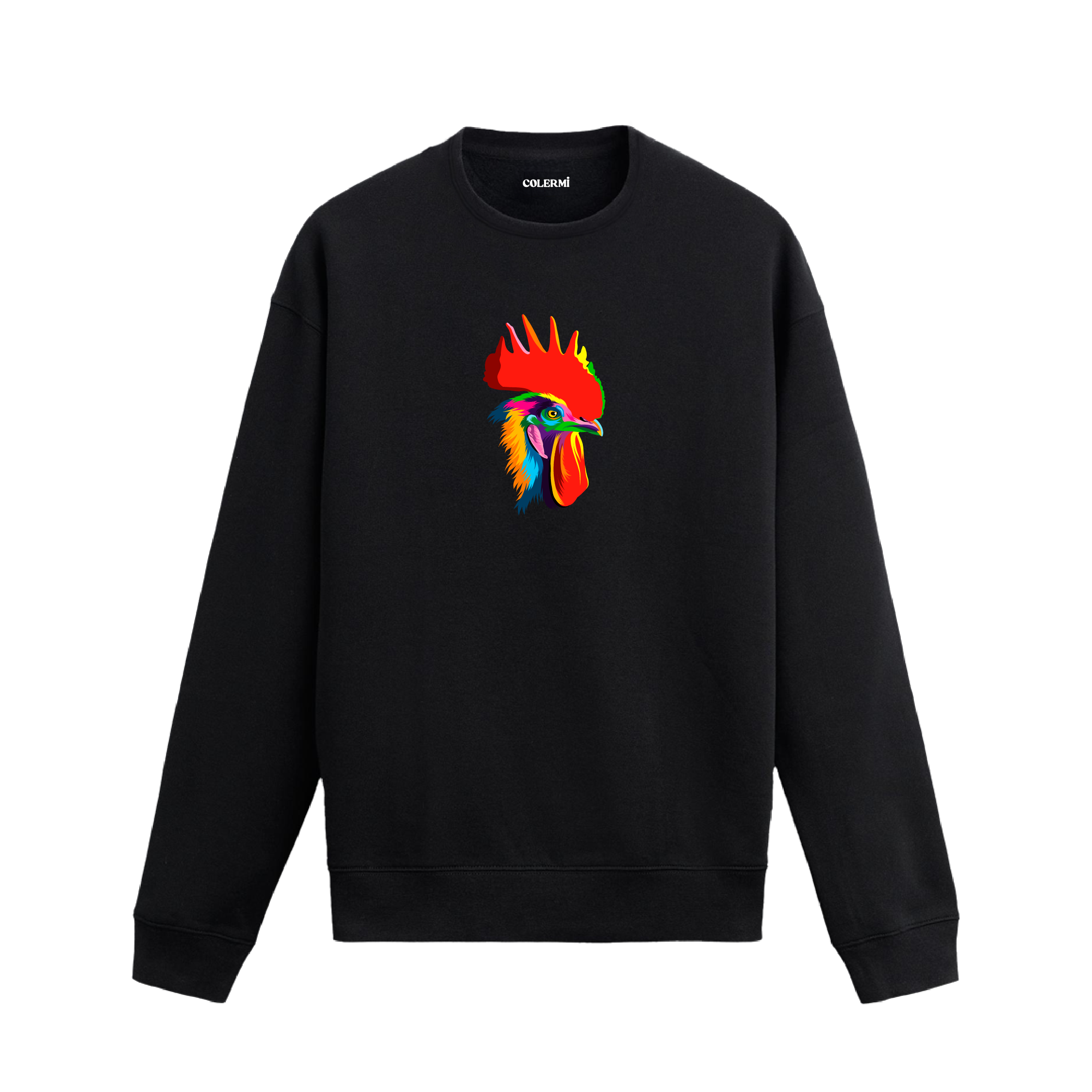 Siyah sweatshirt üzerinde sanatsal ve renkli horoz baskı tasarımı.