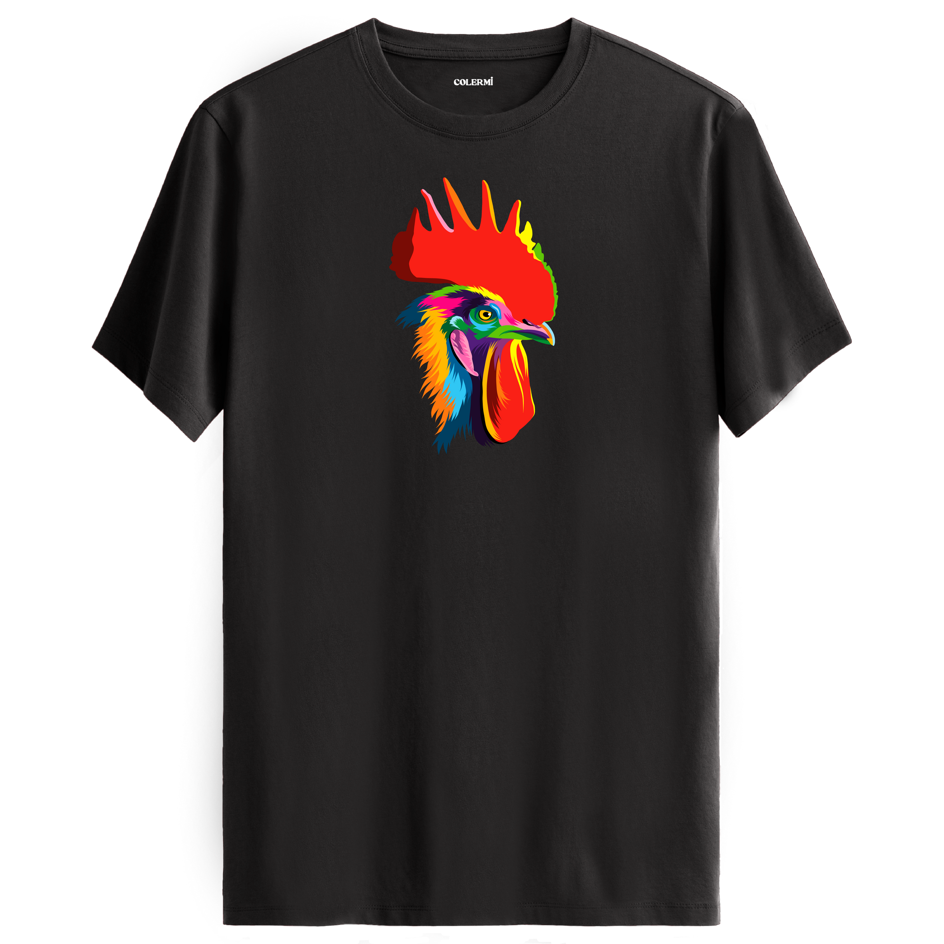 Antrasit tişört üzerinde renkli Rico horoz tasarımı