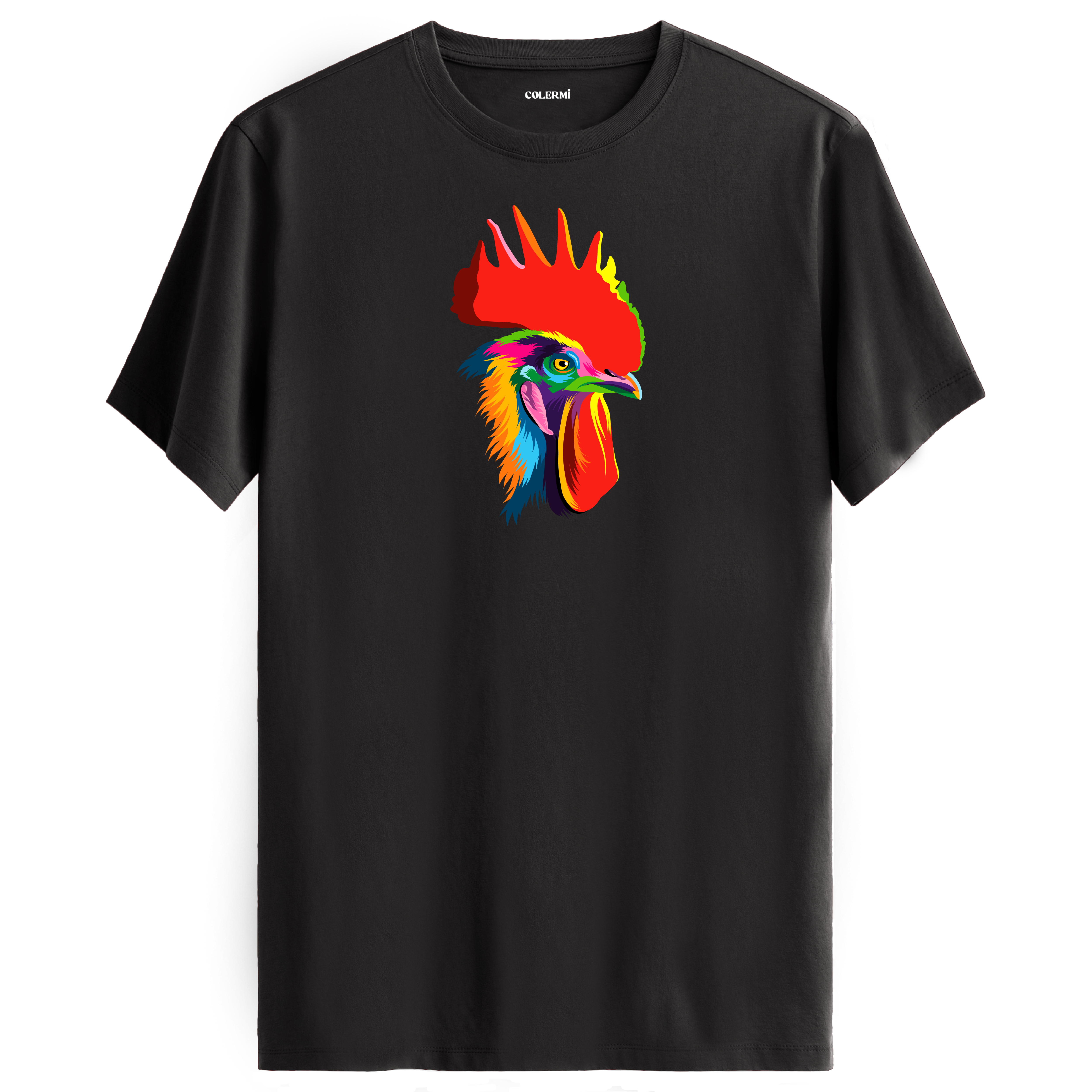 Antrasit tişört üzerinde renkli Rico horoz tasarımı