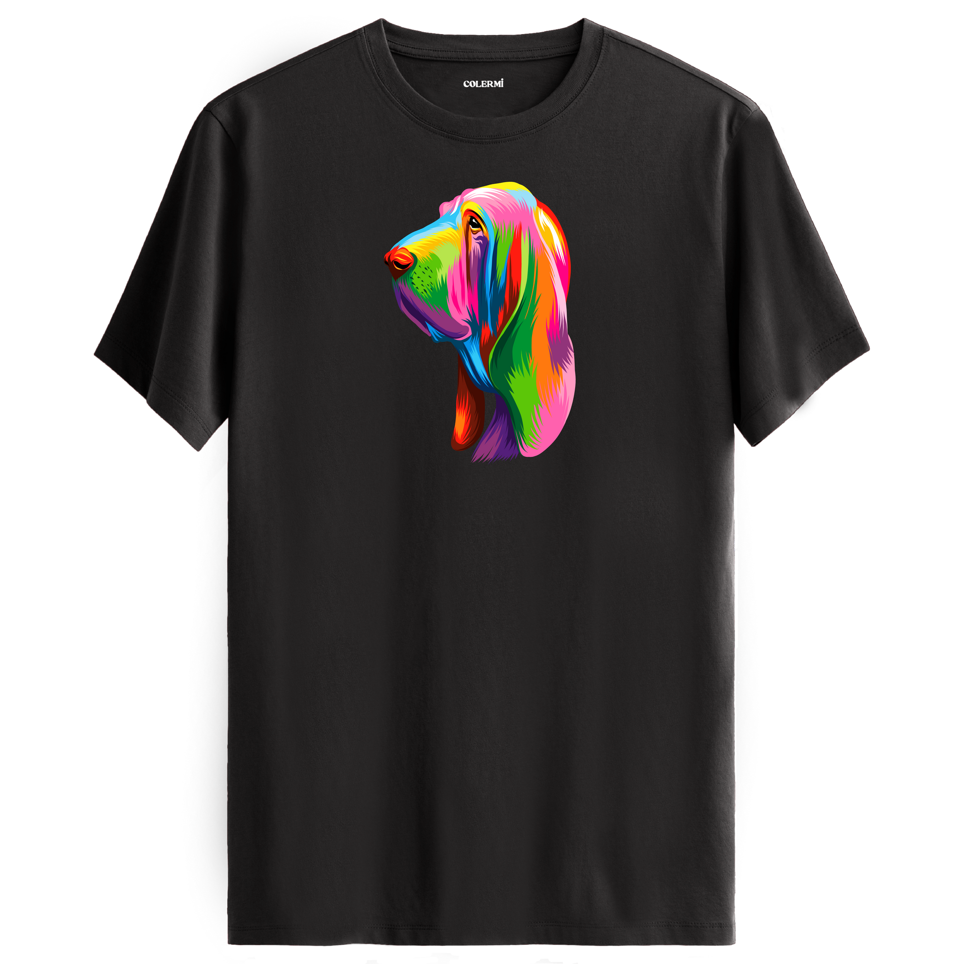 Antrasit tişört üzerinde renkli Hugo Bloodhound köpek baskısı