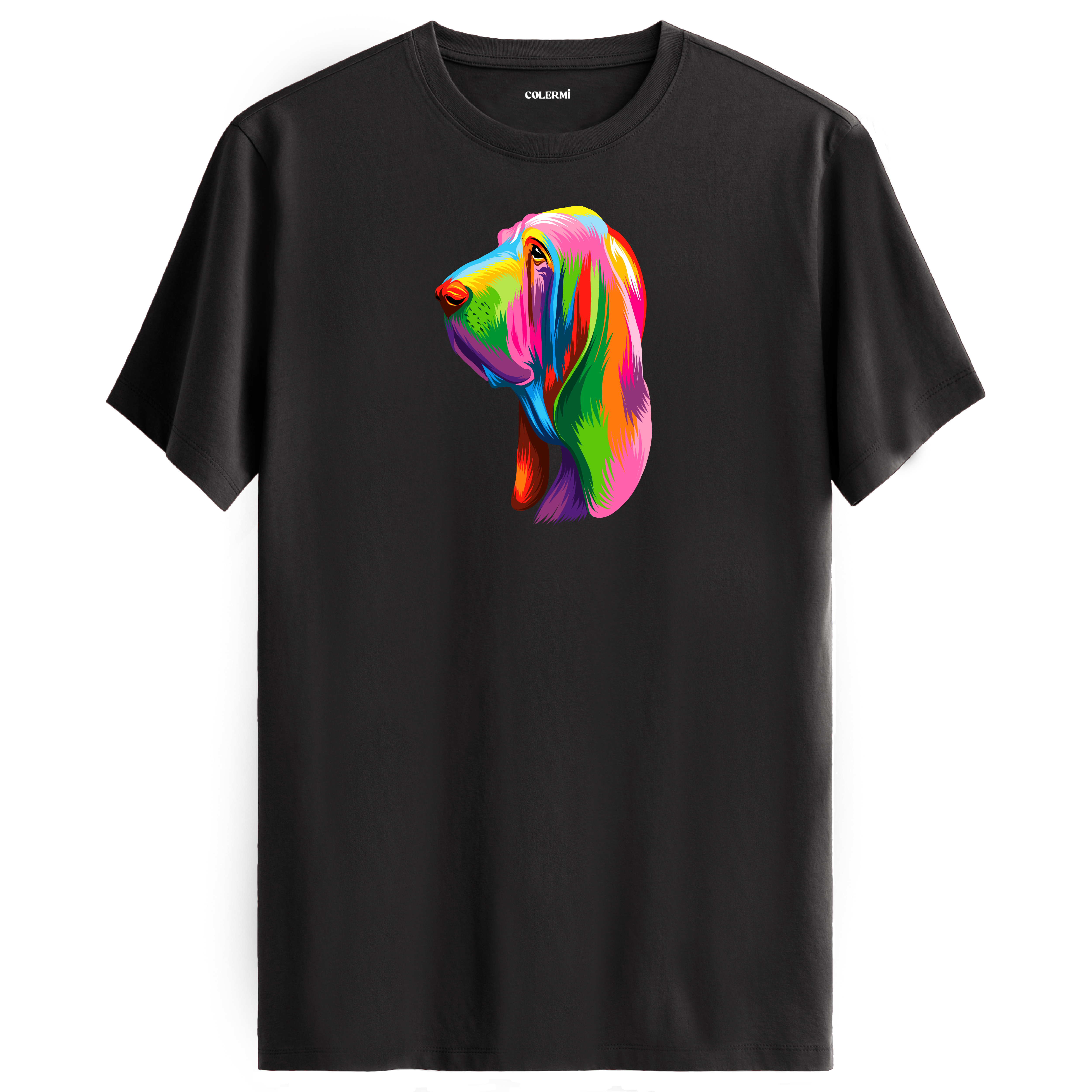 Antrasit tişört üzerinde renkli Hugo Bloodhound köpek baskısı