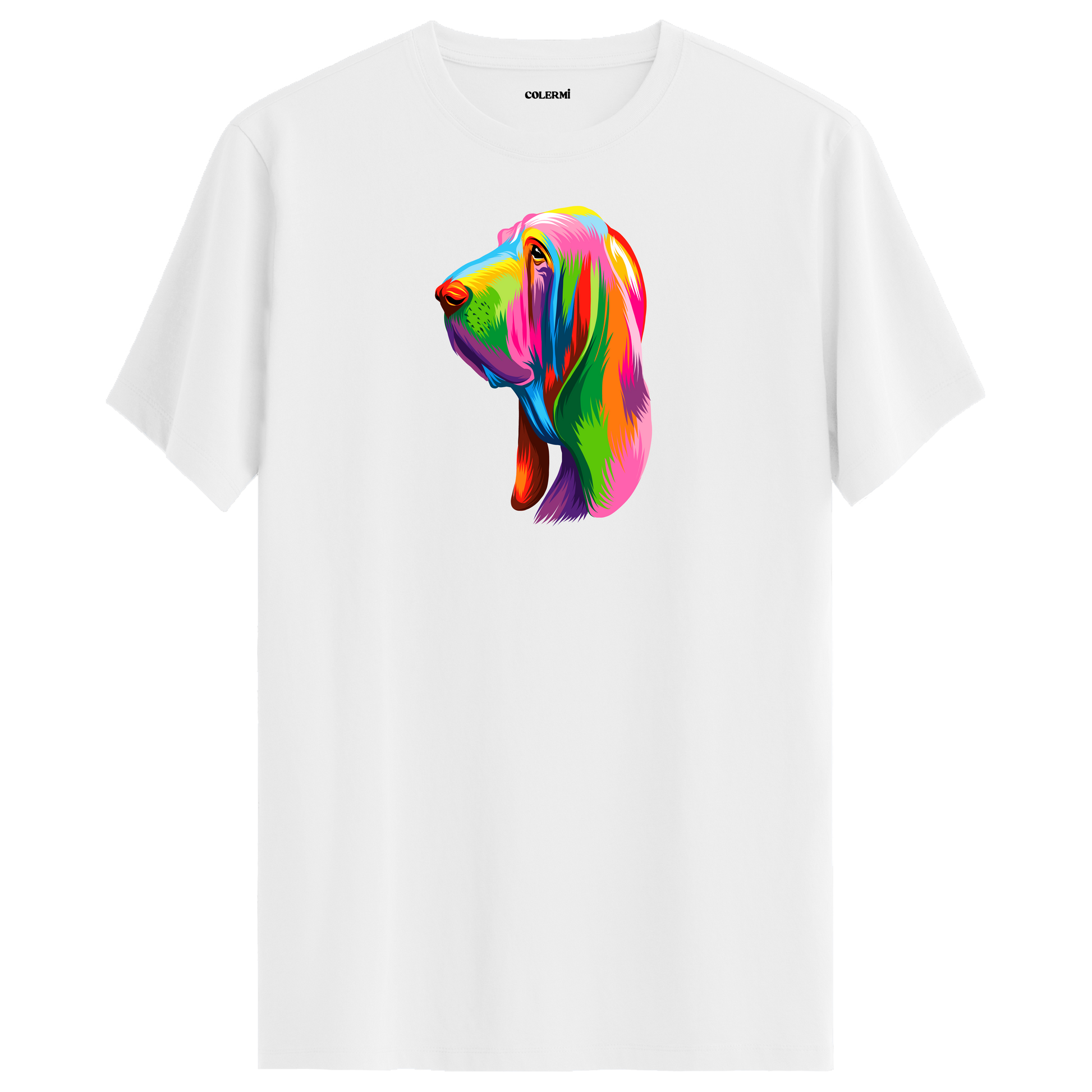 Beyaz tişört üzerinde renkli Hugo Bloodhound köpek baskısı