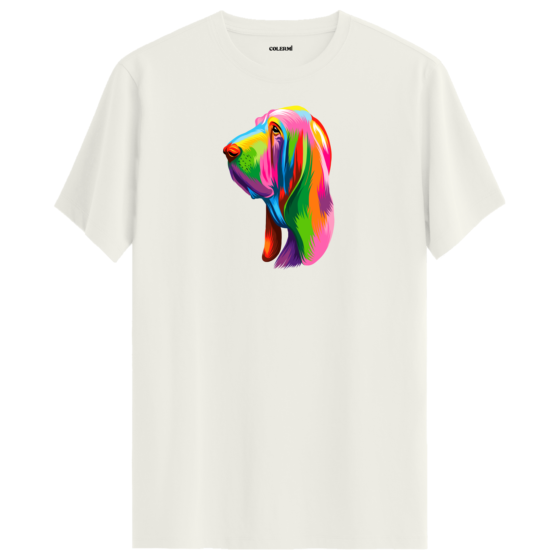 Ekru tişört üzerinde renkli Hugo Bloodhound köpek baskısı