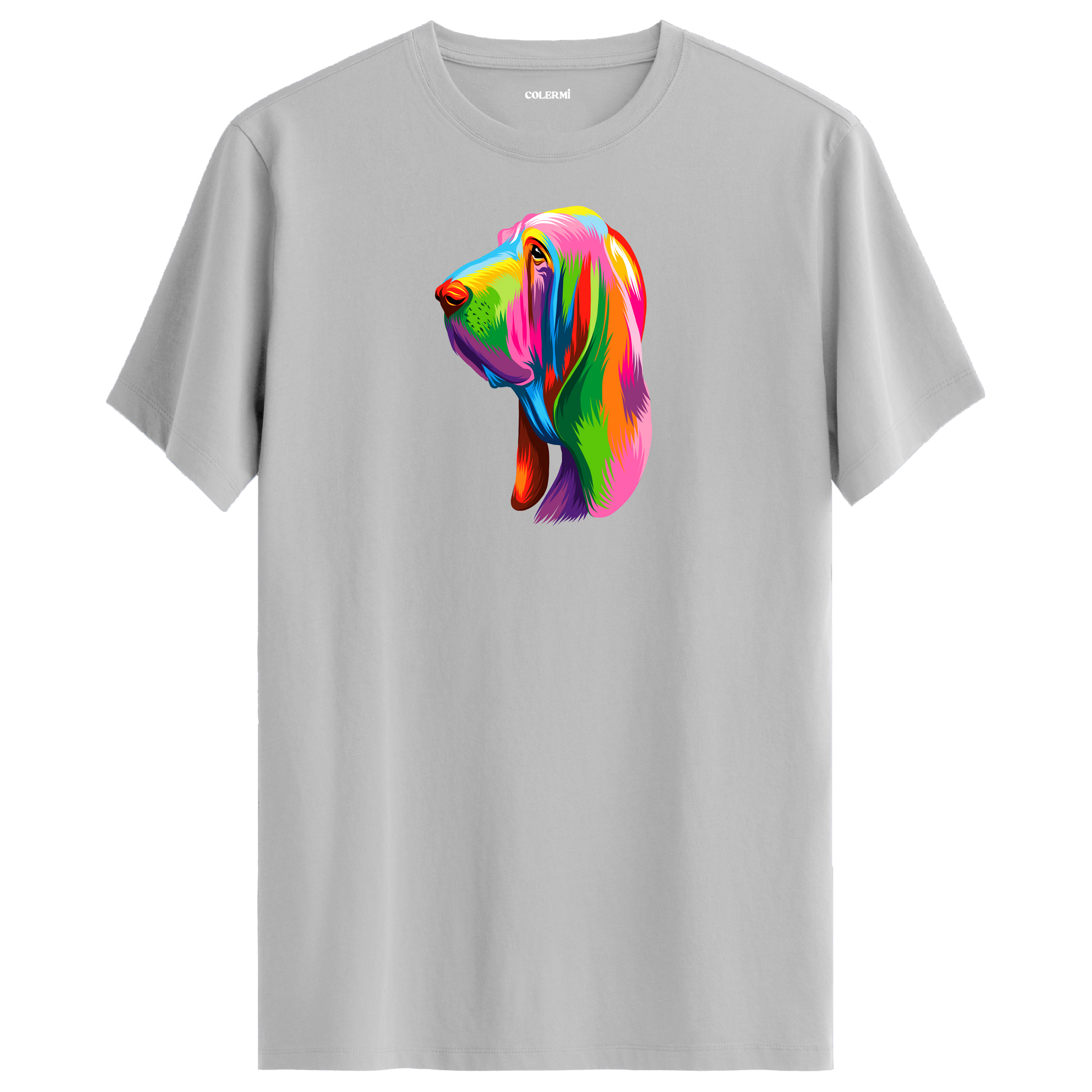 Gri tişört üzerinde renkli Hugo Bloodhound köpek baskısı