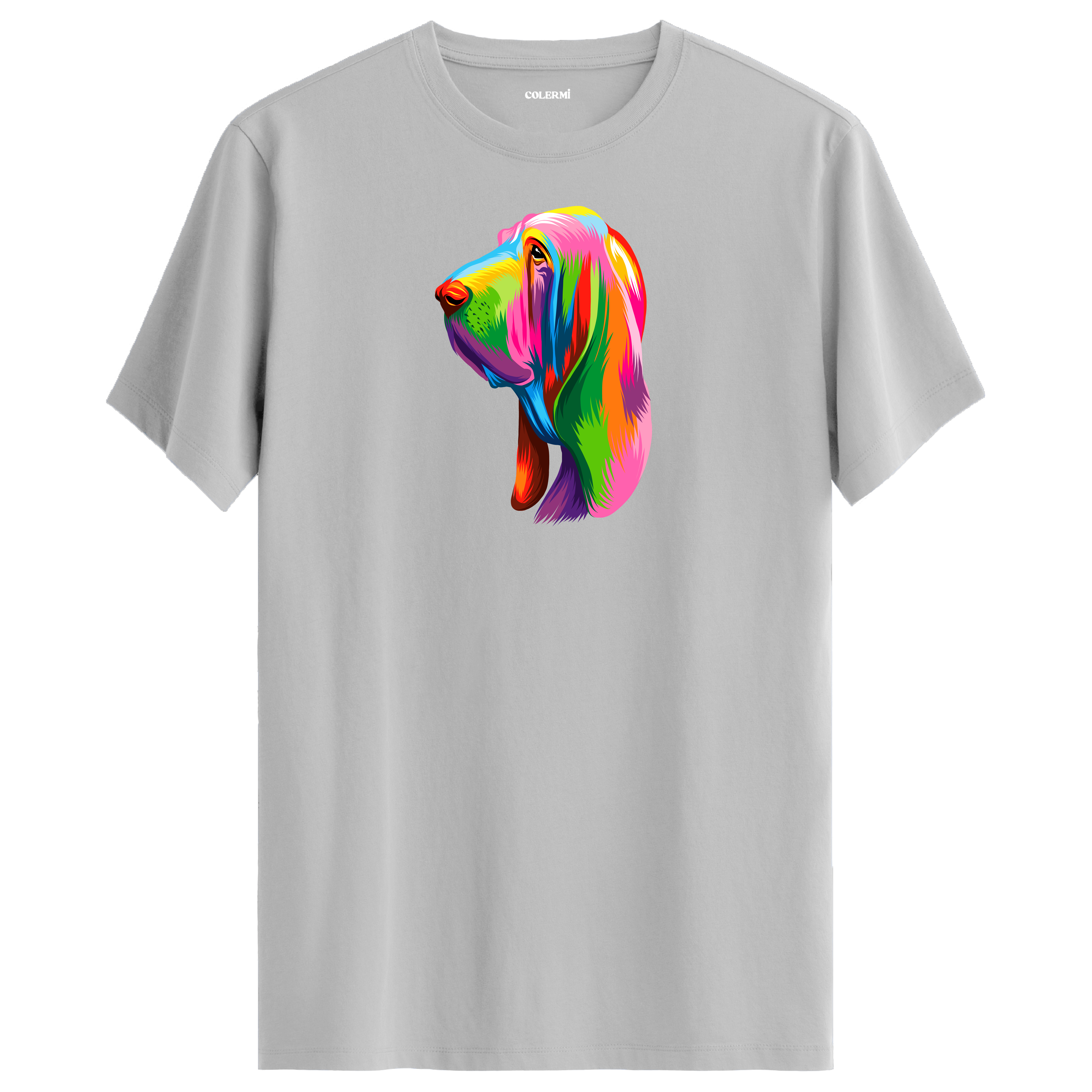 Gri tişört üzerinde renkli Hugo Bloodhound köpek baskısı