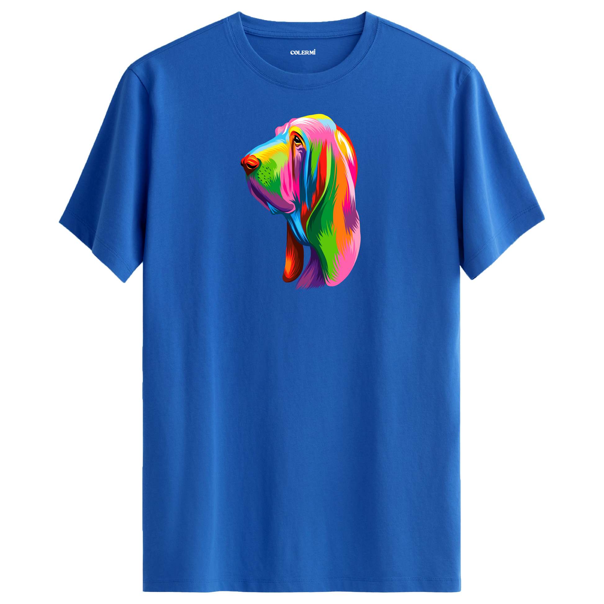 Mavi tişört üzerinde renkli Hugo Bloodhound köpek baskısı