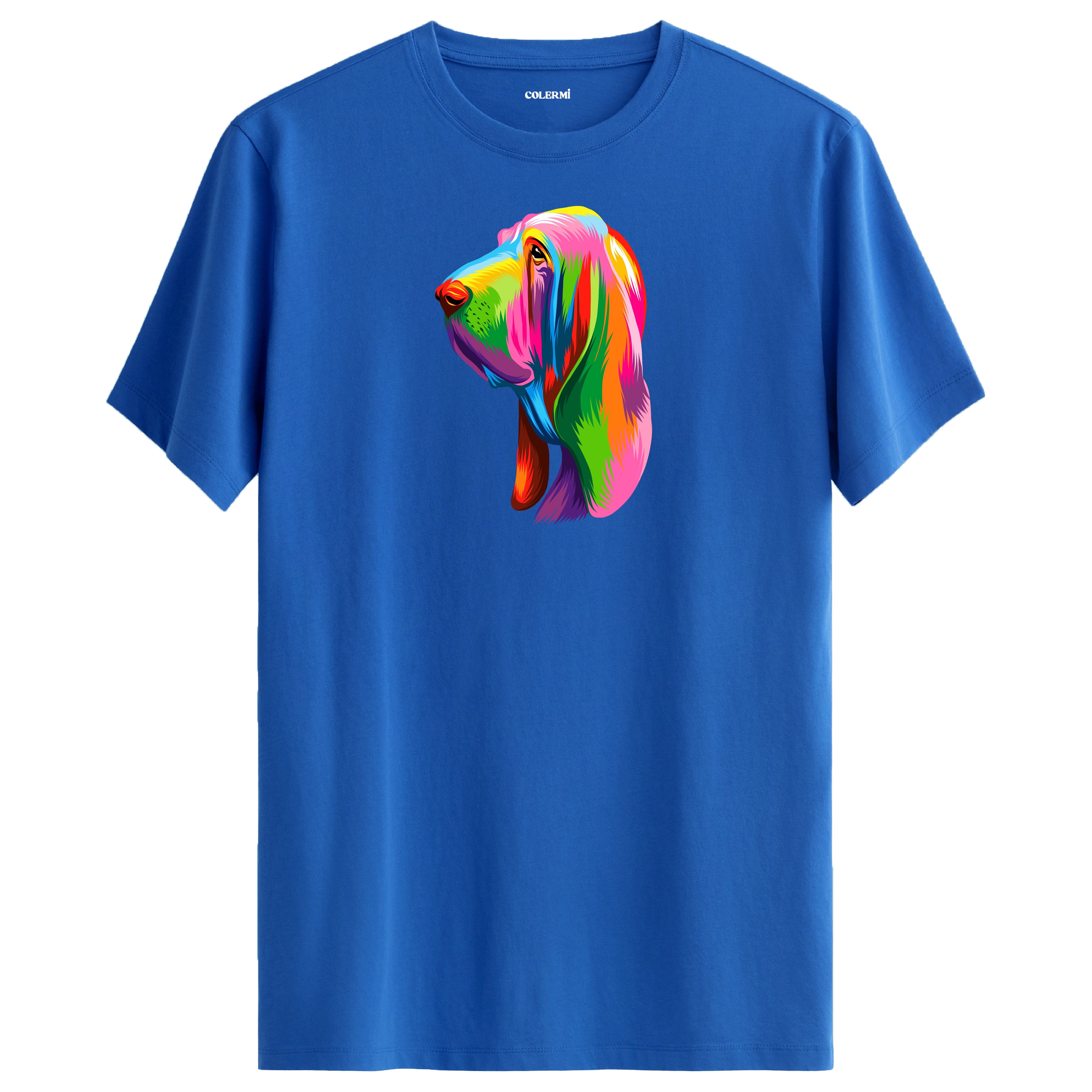 Mavi tişört üzerinde renkli Hugo Bloodhound köpek baskısı