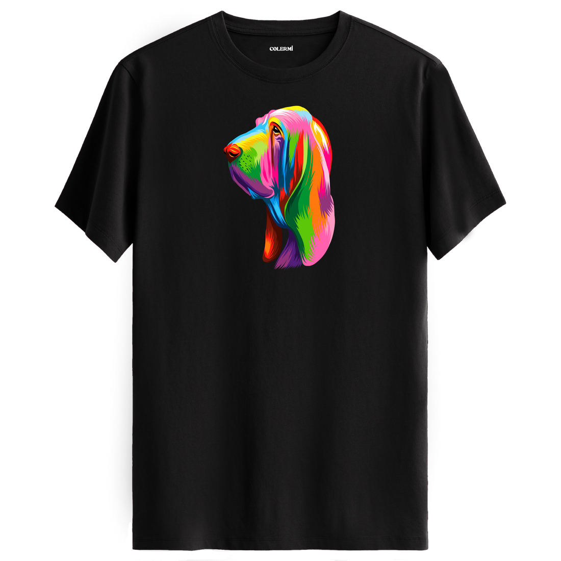 Siyah tişört üzerinde renkli Hugo Bloodhound köpek baskısı