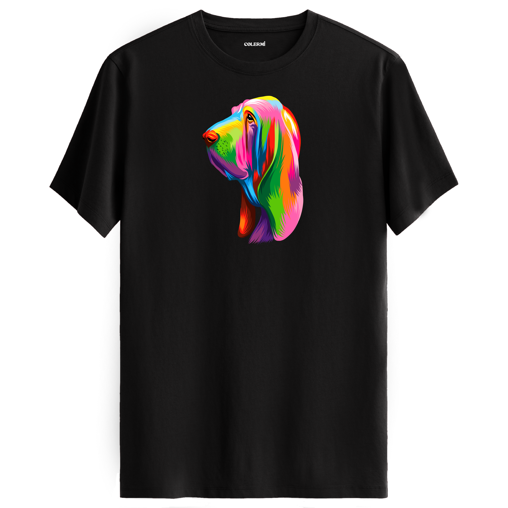 Siyah tişört üzerinde renkli Hugo Bloodhound köpek baskısı