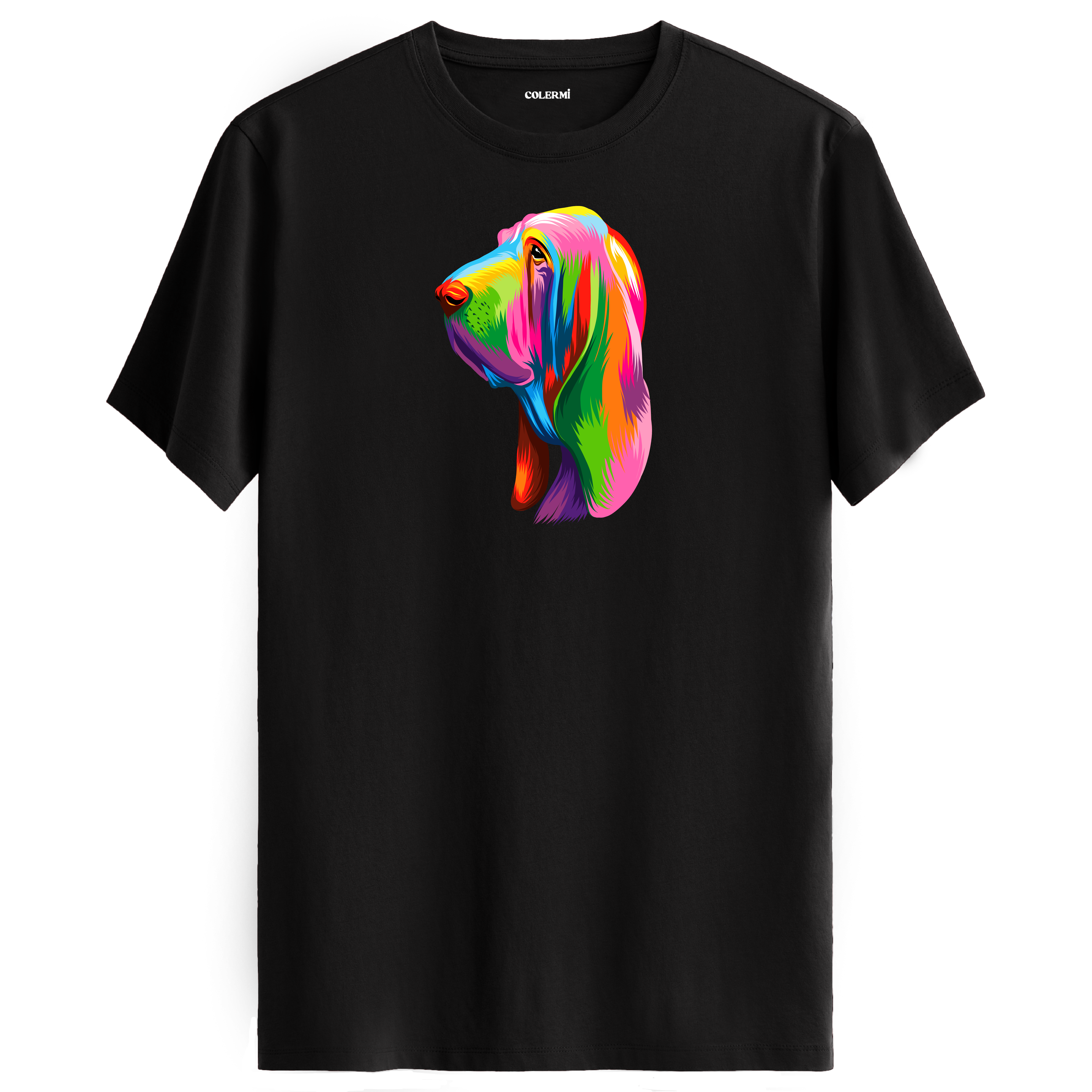 Siyah tişört üzerinde renkli Hugo Bloodhound köpek baskısı