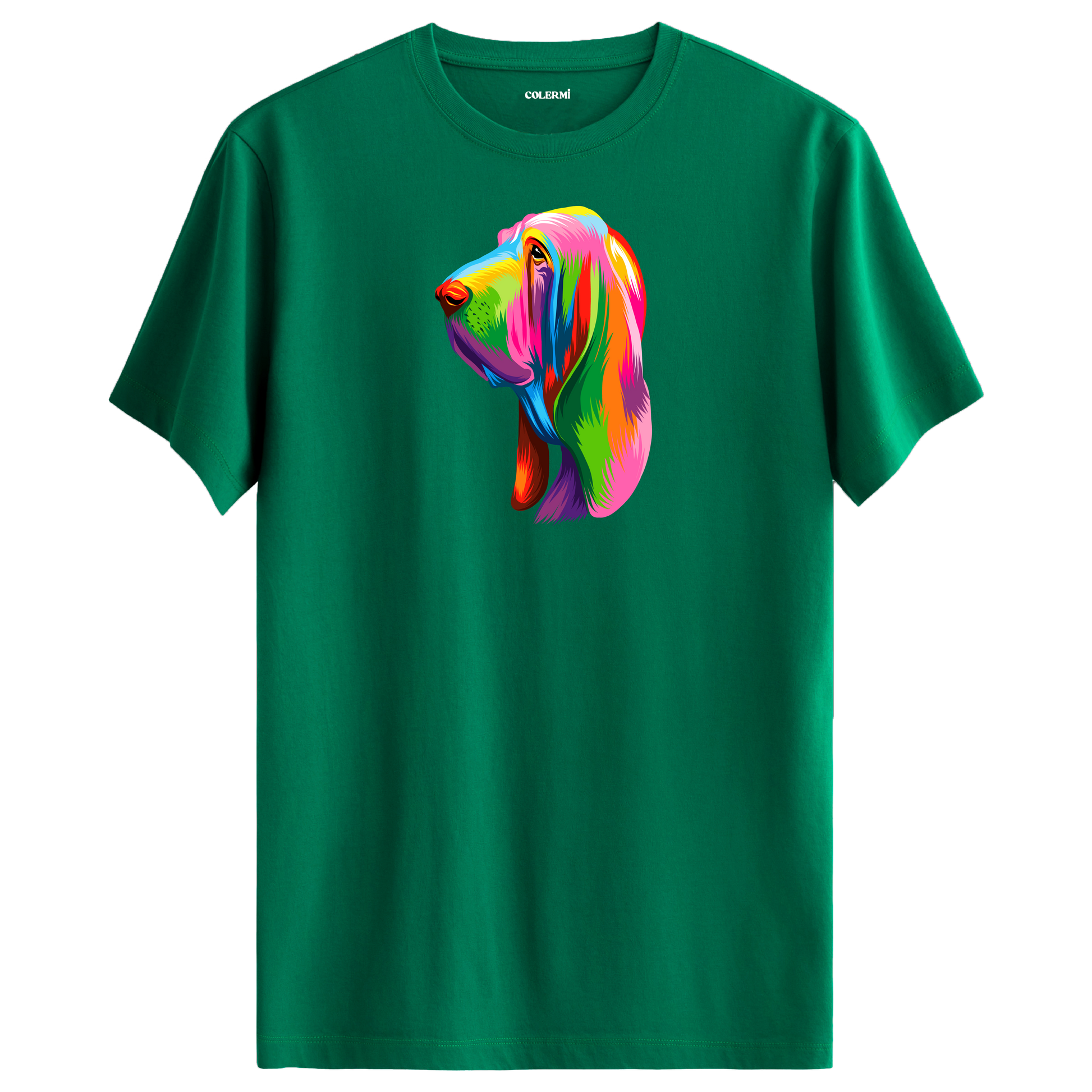 Yeşil tişört üzerinde renkli Hugo Bloodhound köpek baskısı