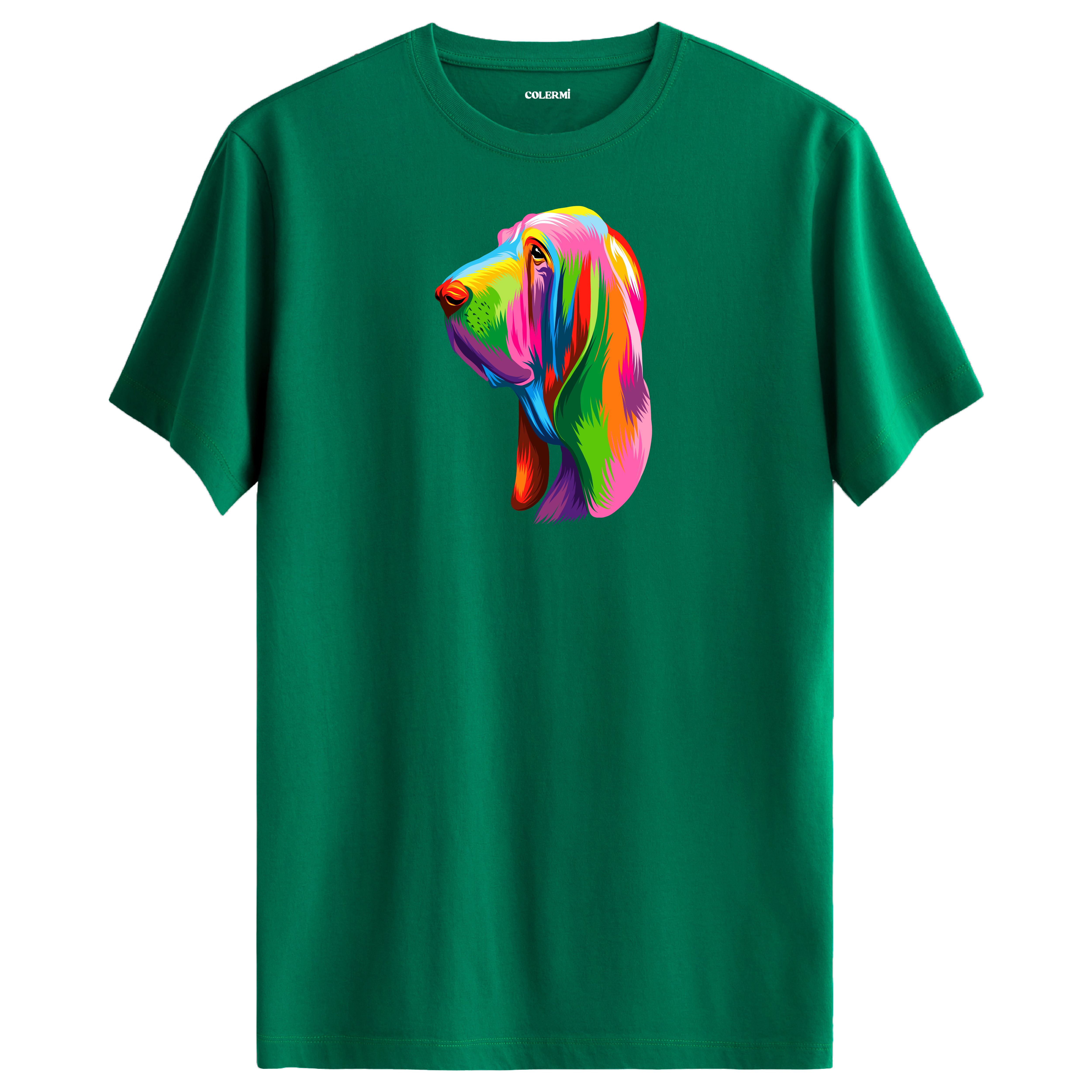 Yeşil tişört üzerinde renkli Hugo Bloodhound köpek baskısı