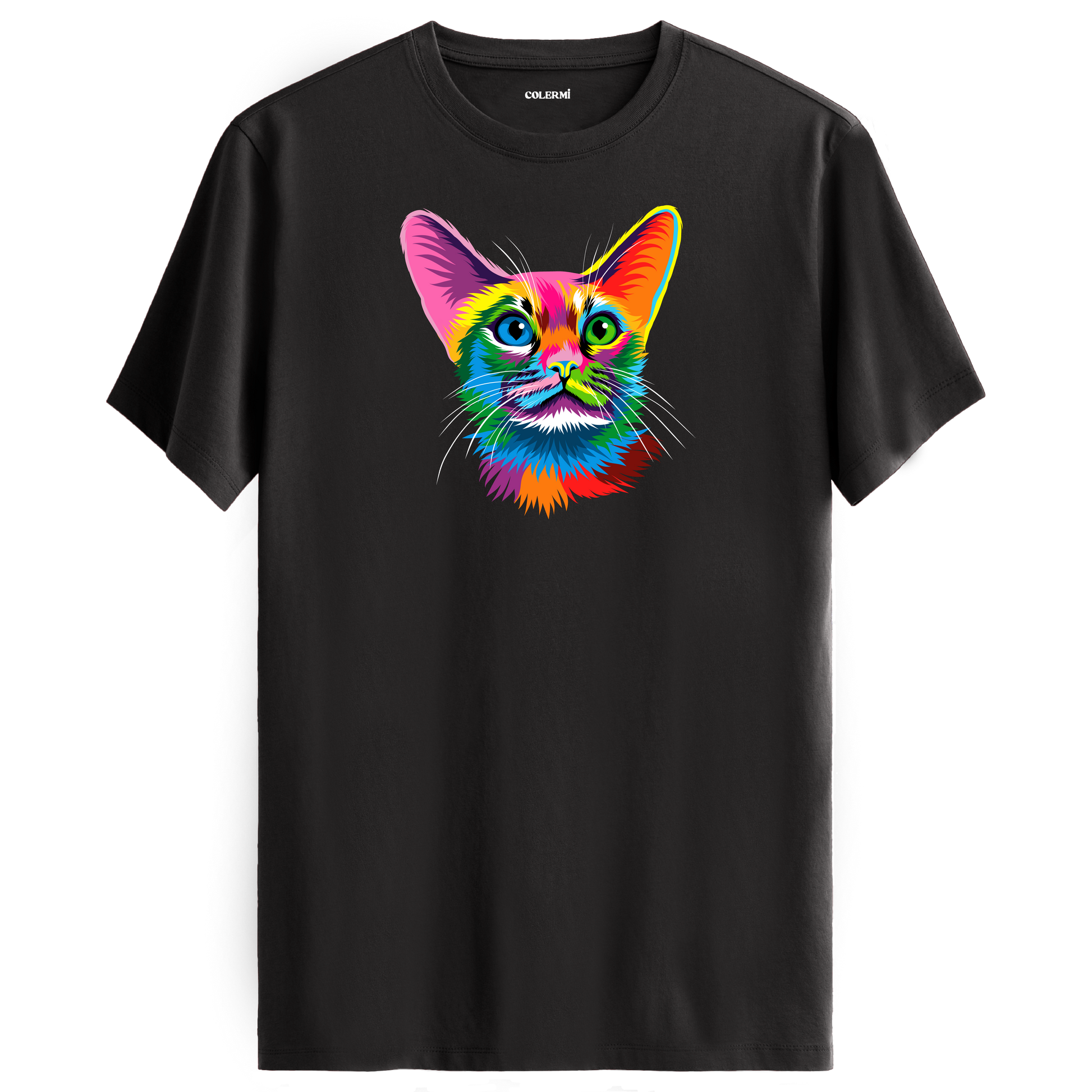 Antrasit tişört üzerinde renkli Ivy kedi baskısı