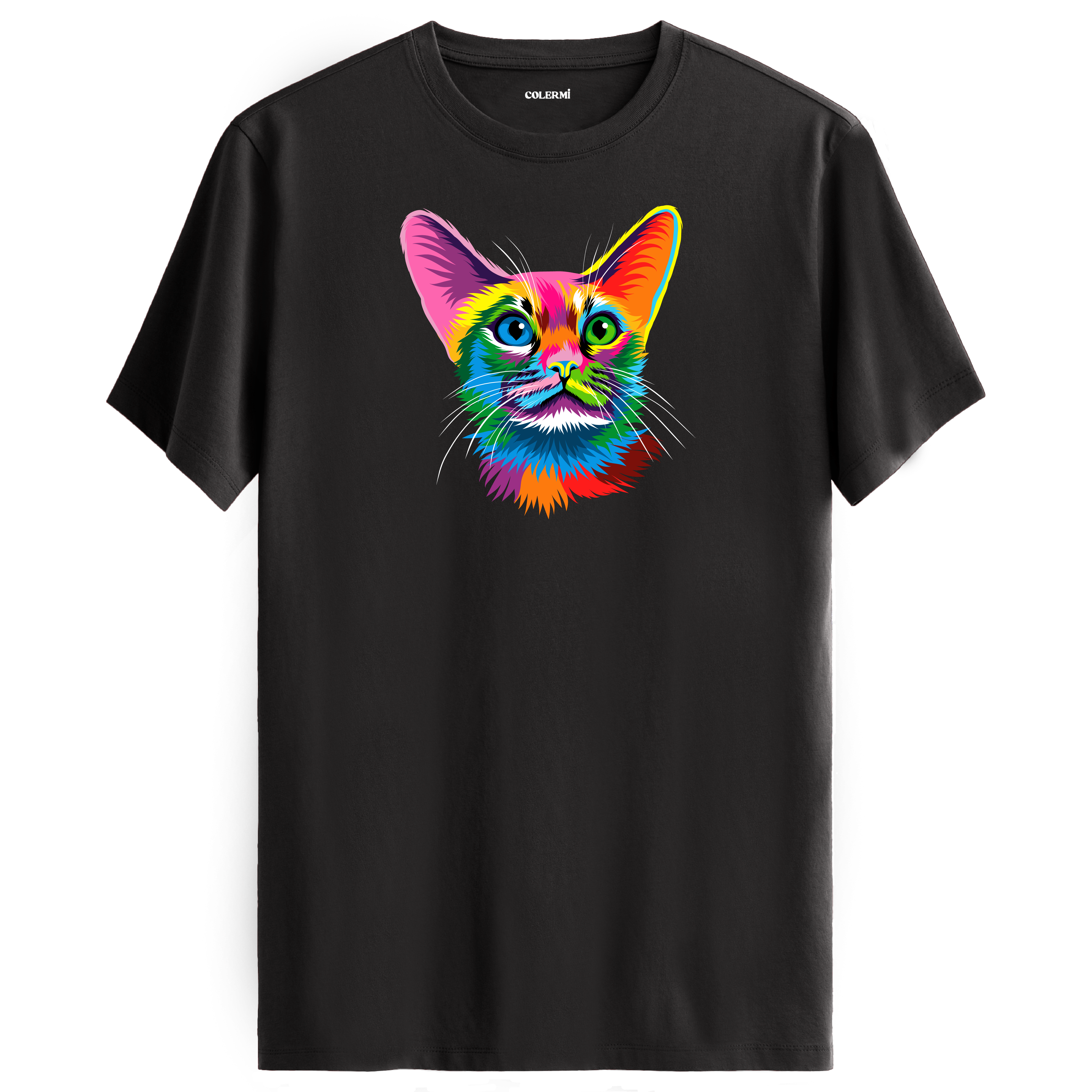 Antrasit tişört üzerinde renkli Ivy kedi baskısı