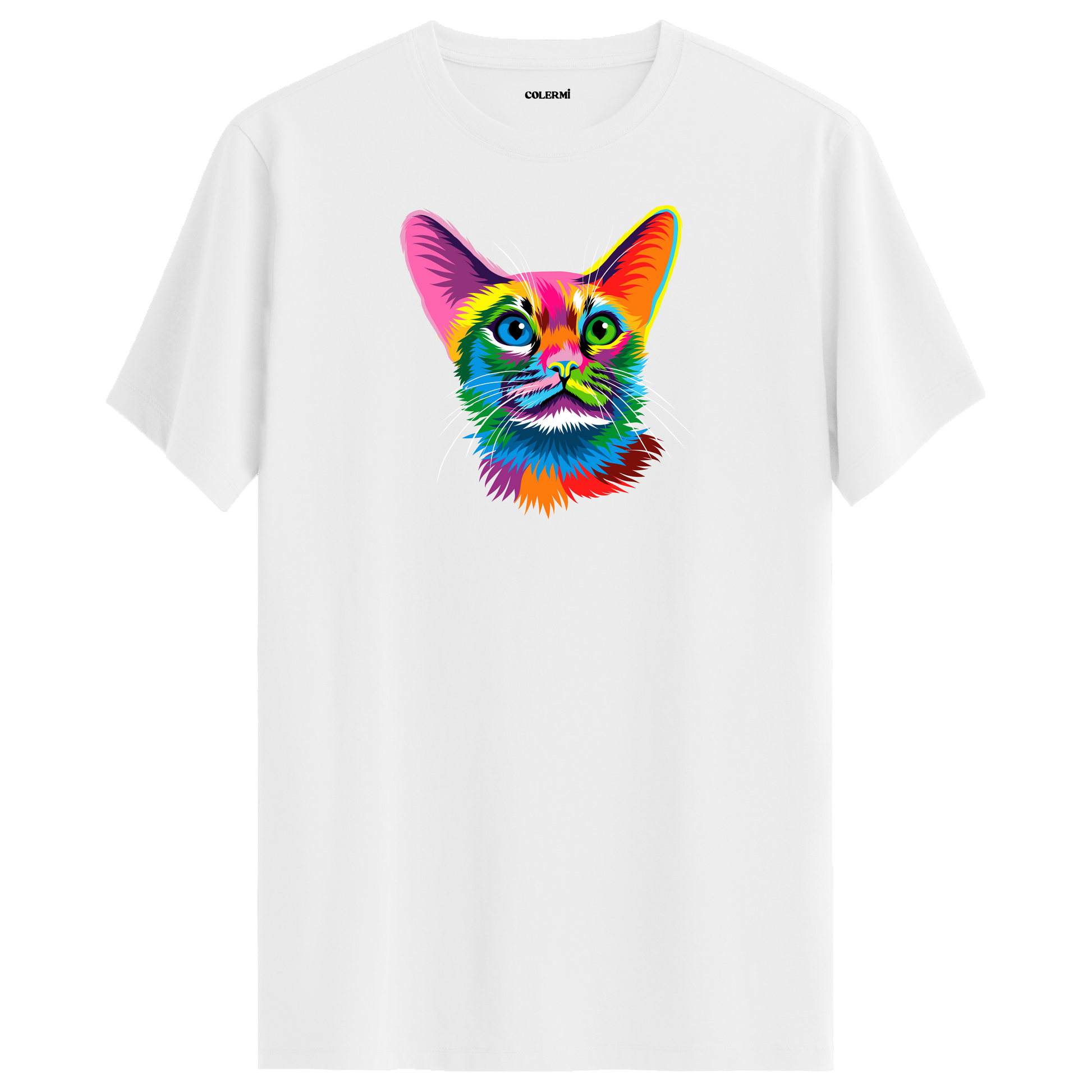 Beyaz tişört üzerinde renkli Ivy kedi baskısı