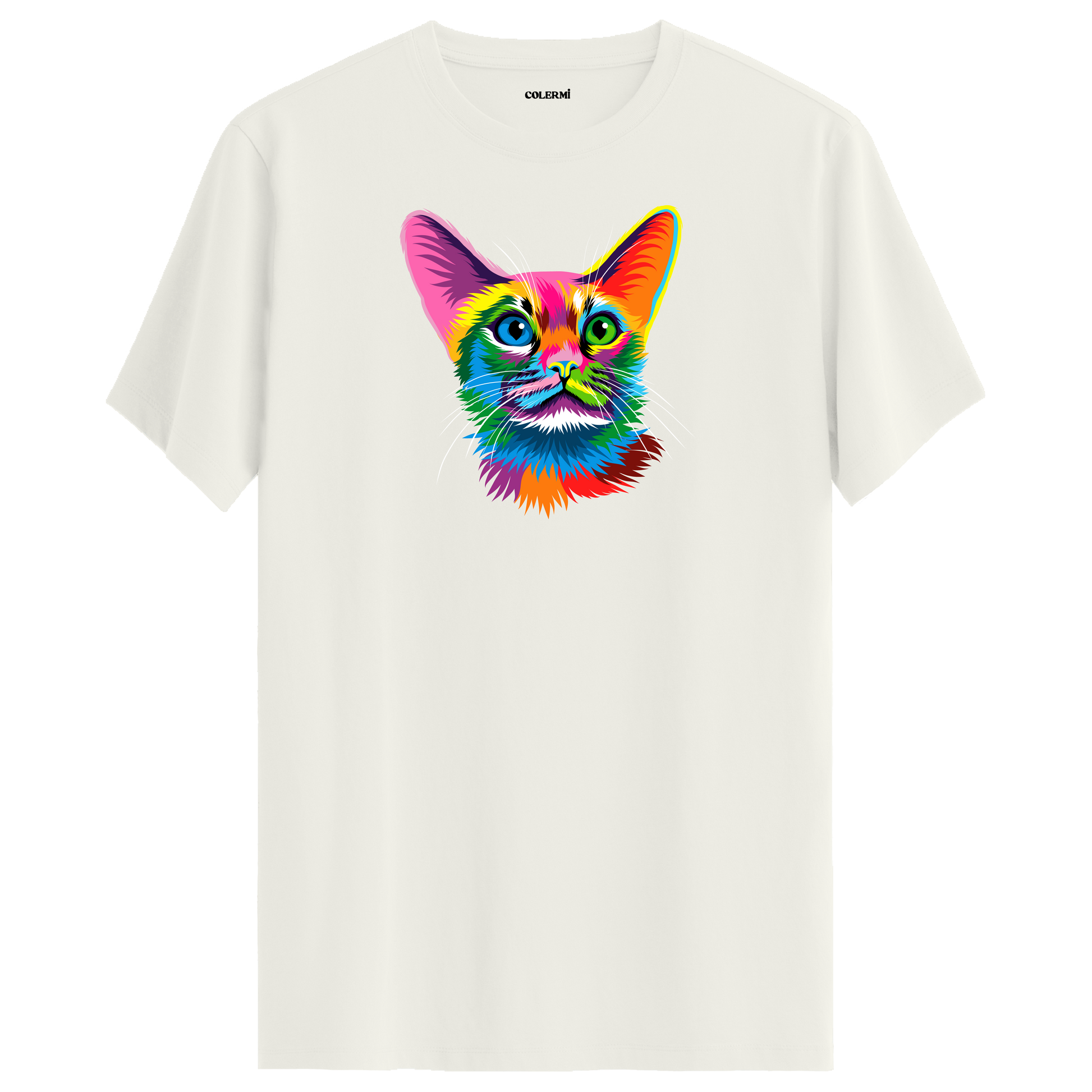 Ekru tişört üzerinde renkli Ivy kedi baskısı