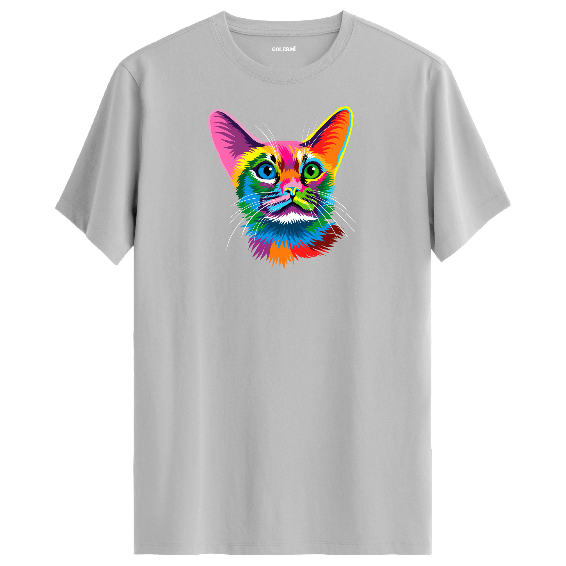 Gri tişört üzerinde renkli Ivy kedi baskısı