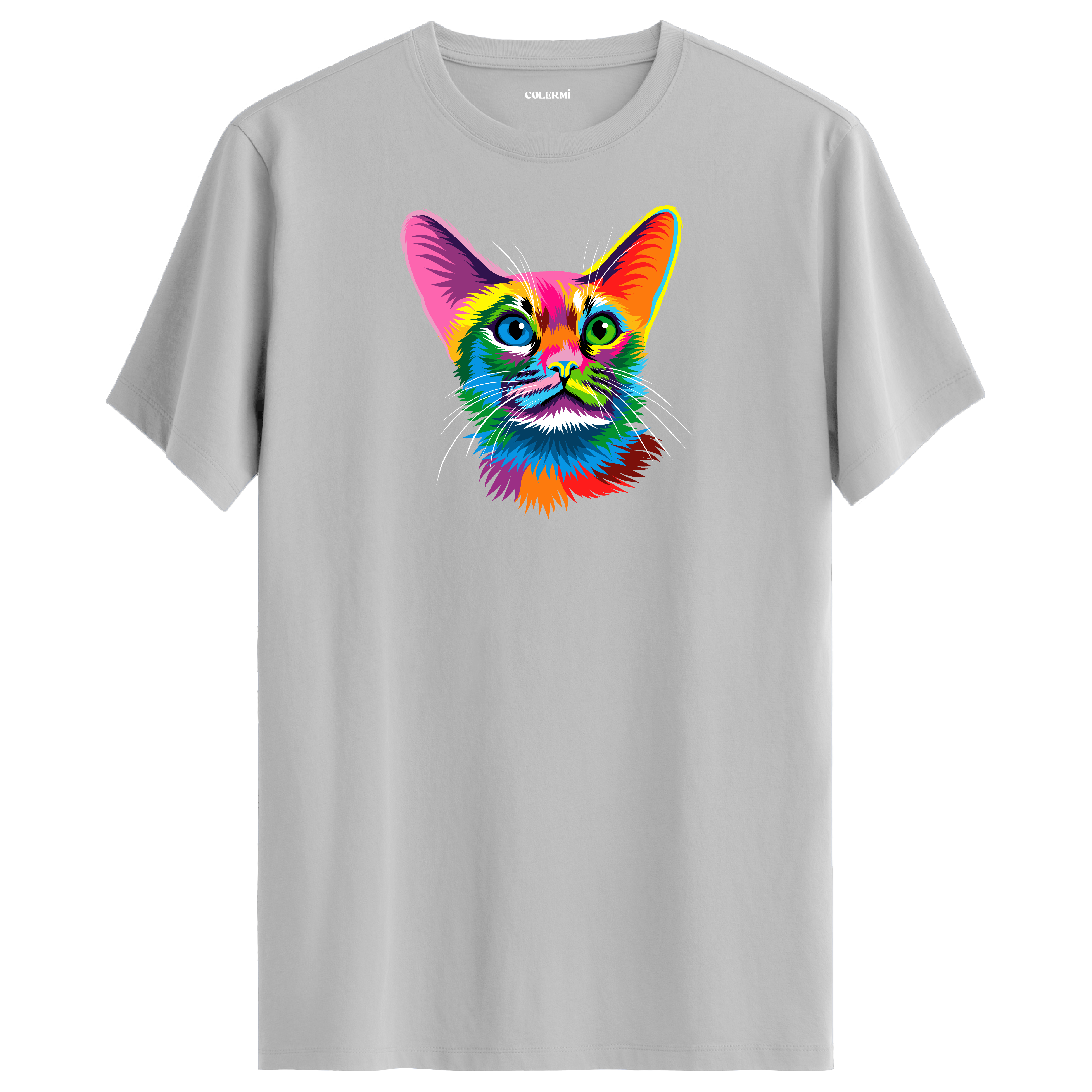 Gri tişört üzerinde renkli Ivy kedi baskısı