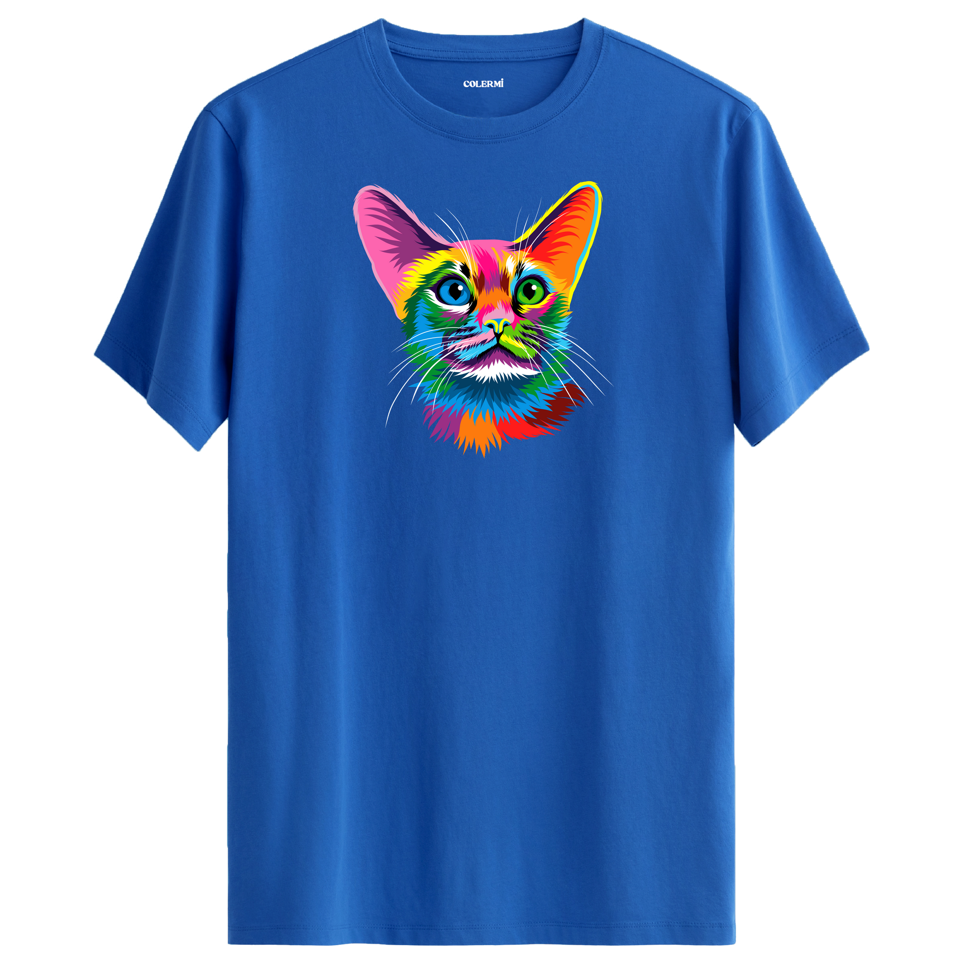 Mavi tişört üzerinde renkli Ivy kedi baskısı