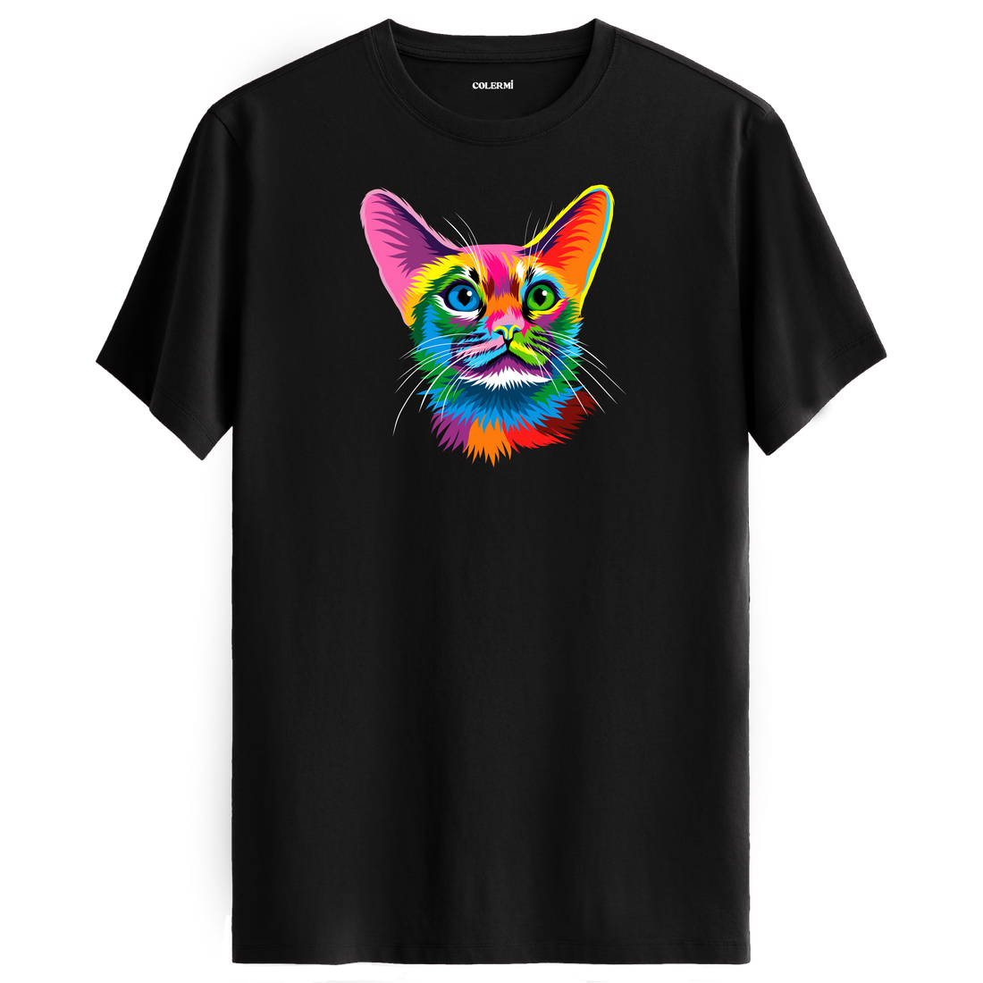 Siyah tişört üzerinde renkli Ivy kedi baskısı