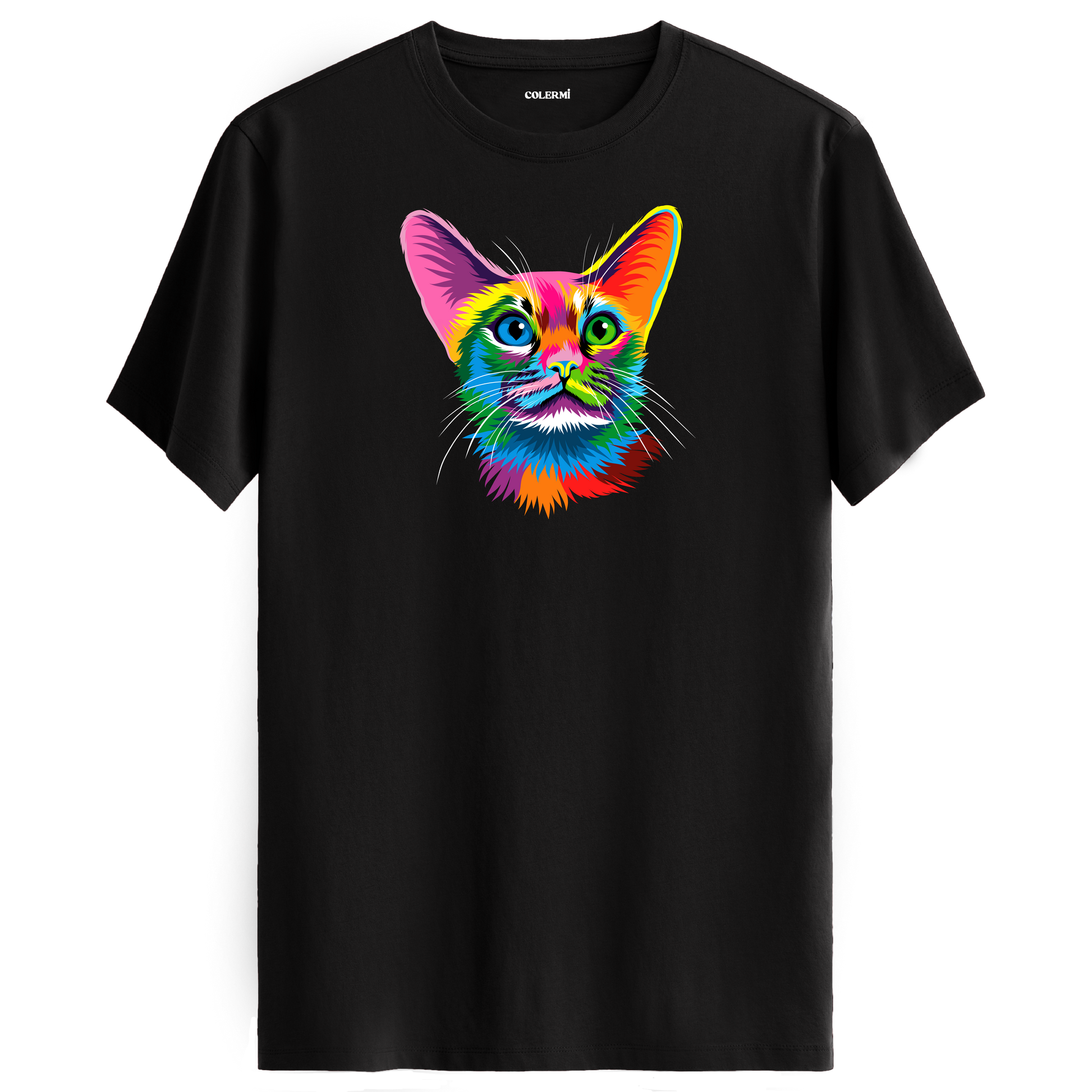 Siyah tişört üzerinde renkli Ivy kedi baskısı