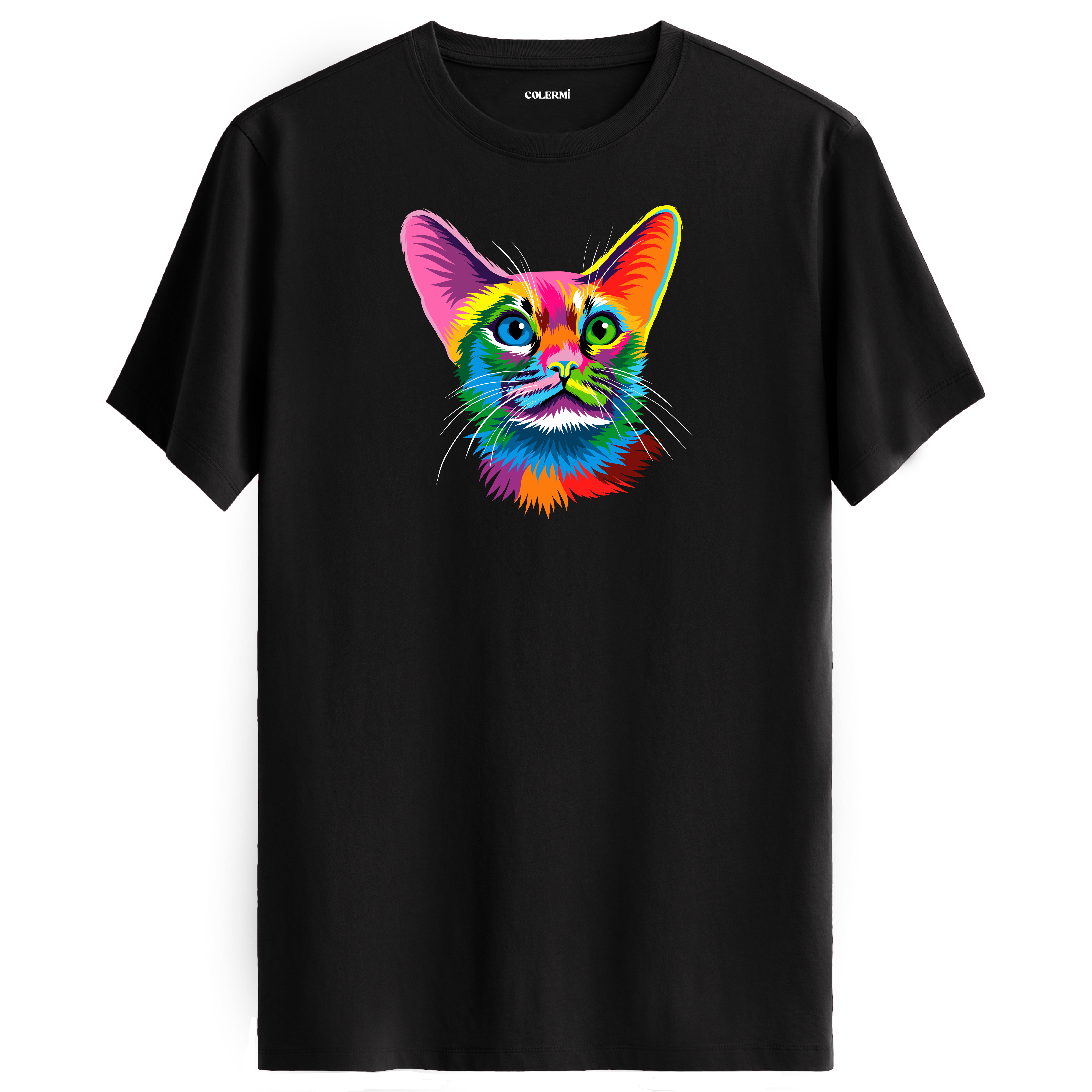 Siyah tişört üzerinde renkli Ivy kedi baskısı