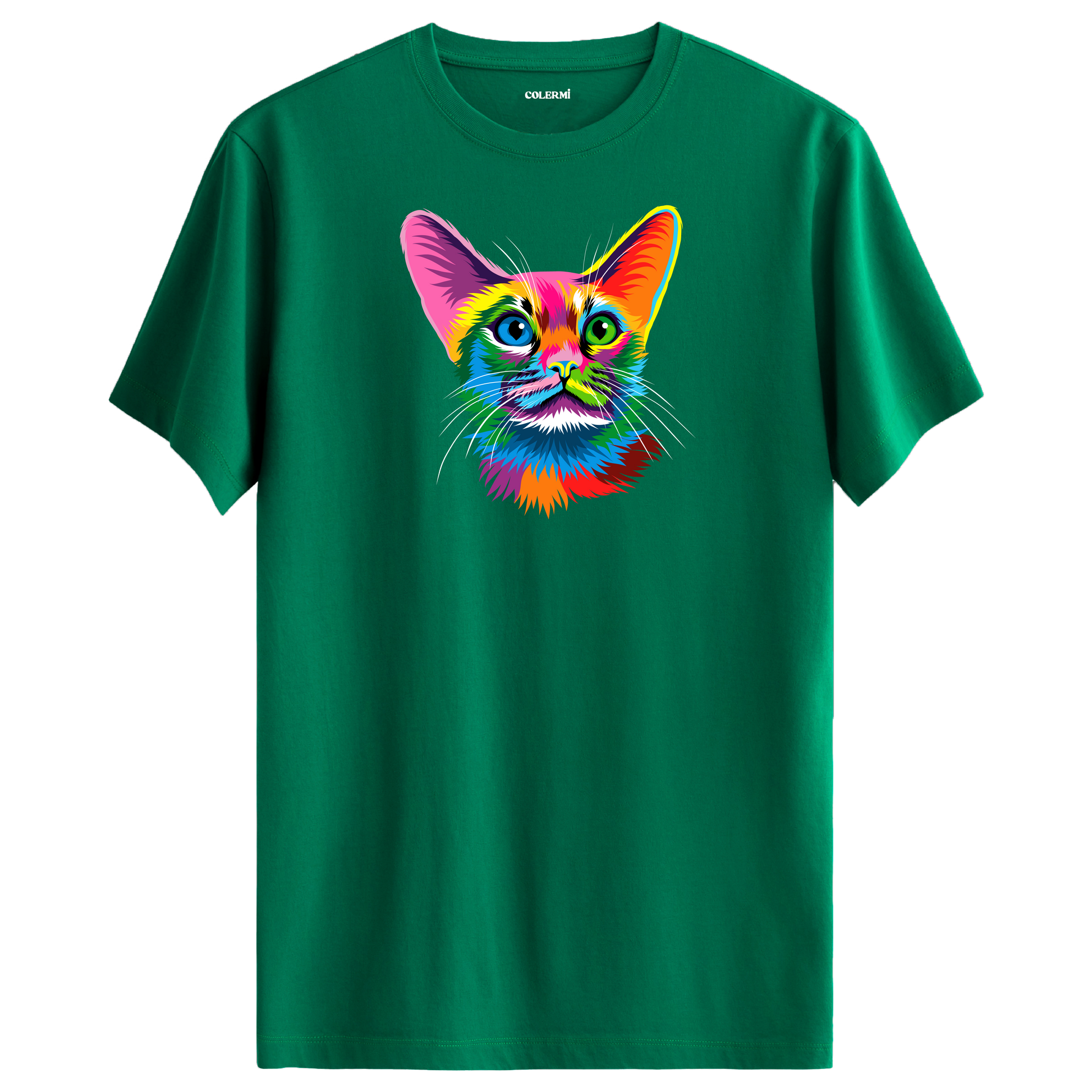 Yeşil tişört üzerinde renkli Ivy kedi baskısı