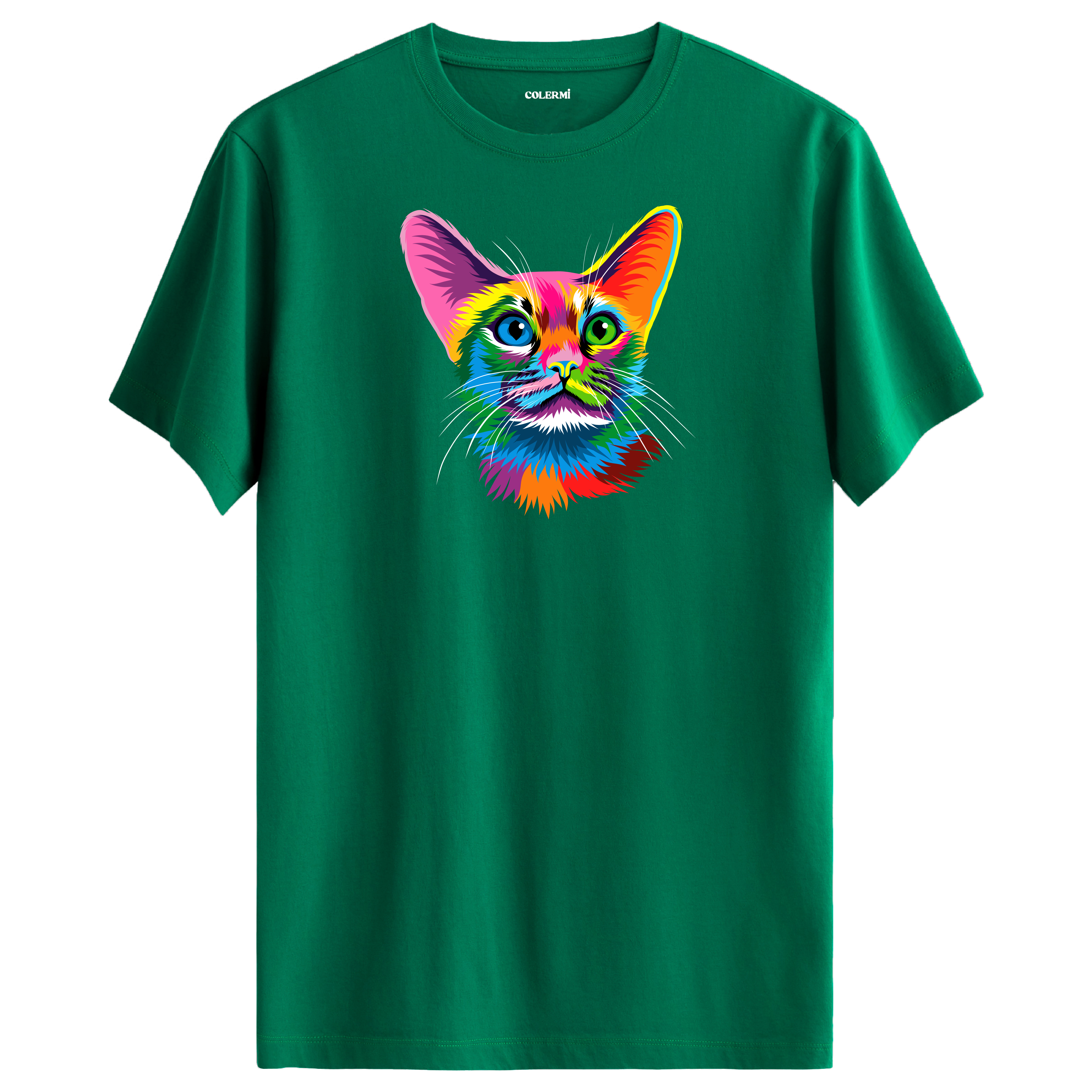 Yeşil tişört üzerinde renkli Ivy kedi baskısı